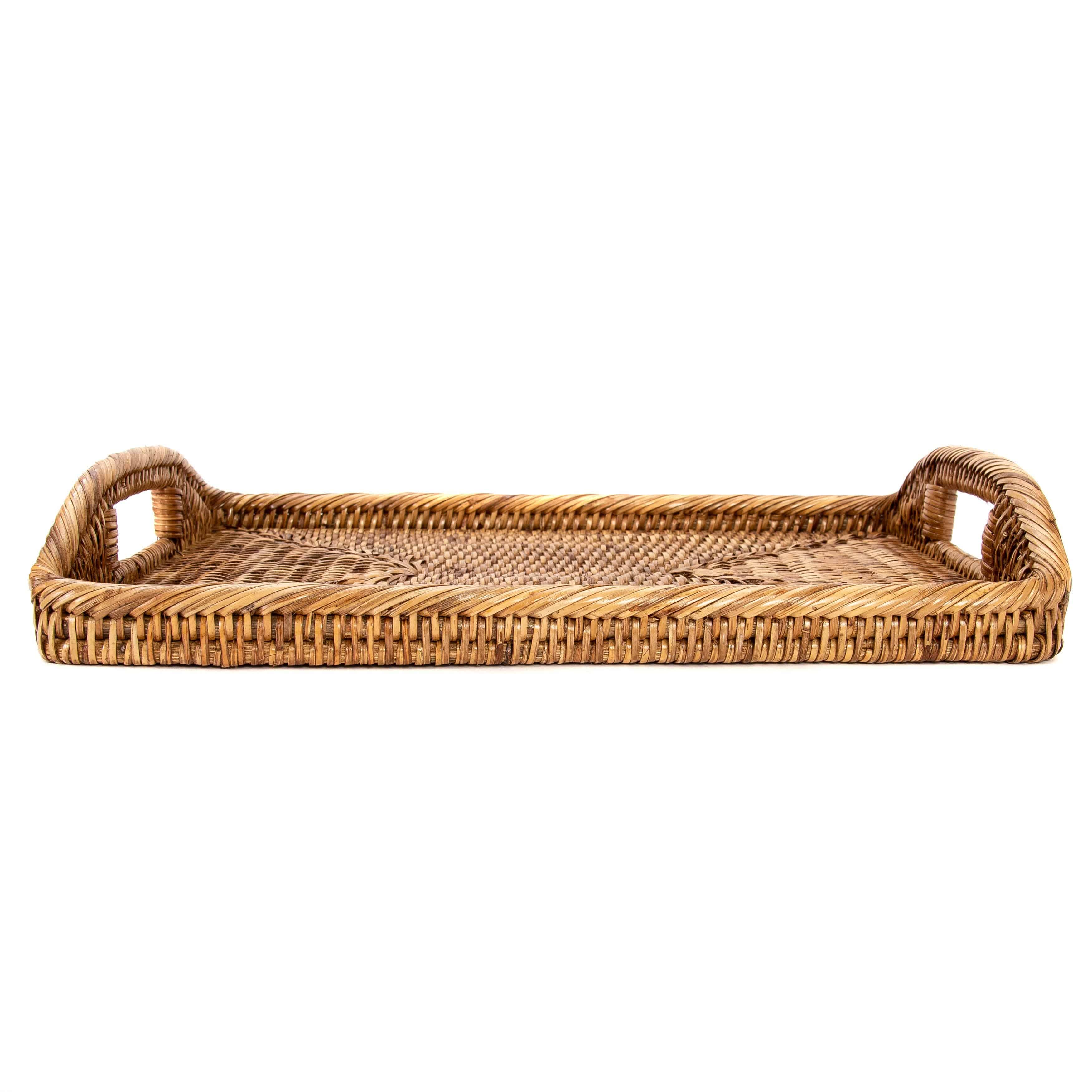 Artifacts Trading Company - Artifacts Rattan™ Rectangular Serving Tray With High Handles: White Wash / 14"x10" - MaisonBeach