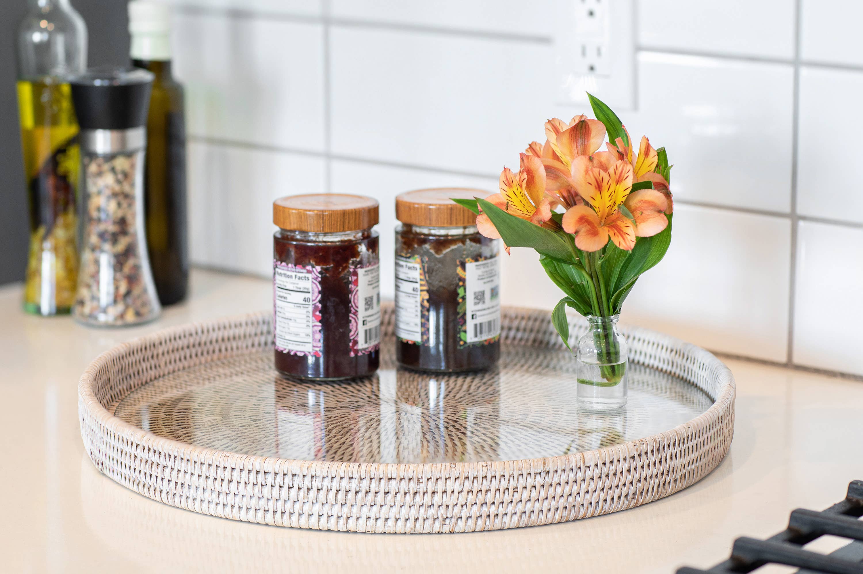 Artifacts Trading Company - Artifacts Rattan Round Serving-Ottoman Tray & Glass Insert: White Wash / 19"x2" - MaisonBeach