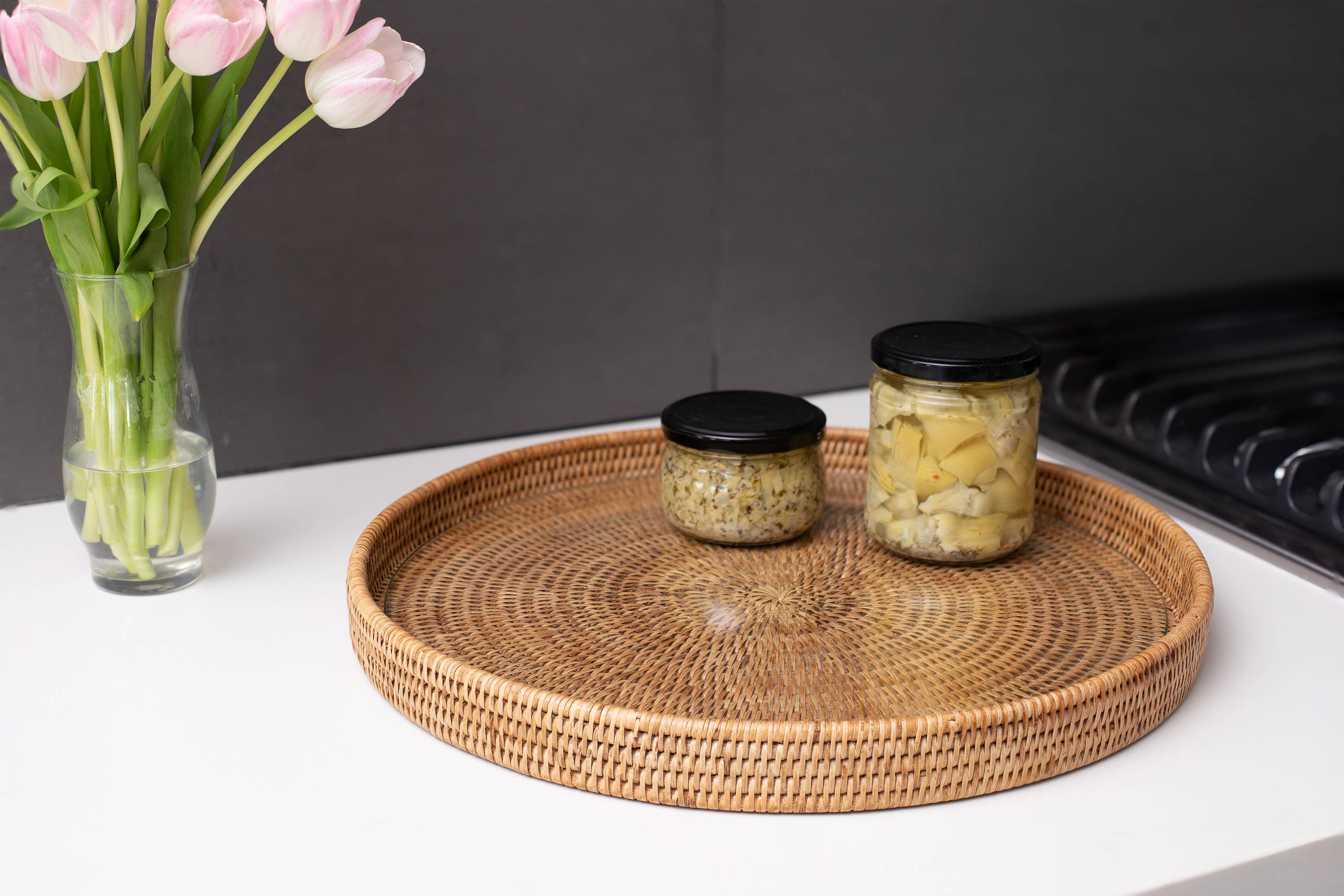 Artifacts Trading Company - Artifacts Rattan Round Serving-Ottoman Tray & Glass Insert: Tudor Black / 19"x2" - MaisonBeach