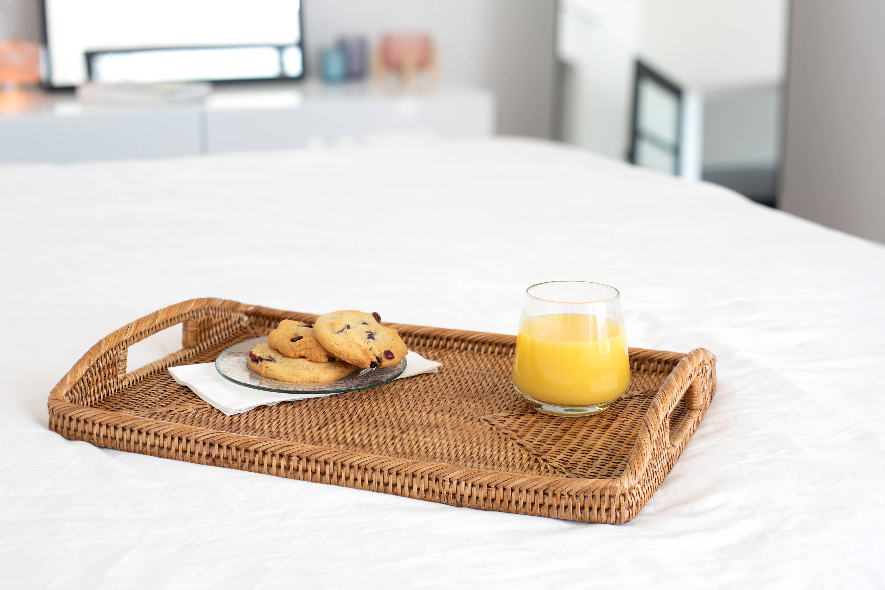 Artifacts Trading Company - Artifacts Rattan™ Rectangular Serving Tray With High Handles: White Wash / 14"x10" - MaisonBeach