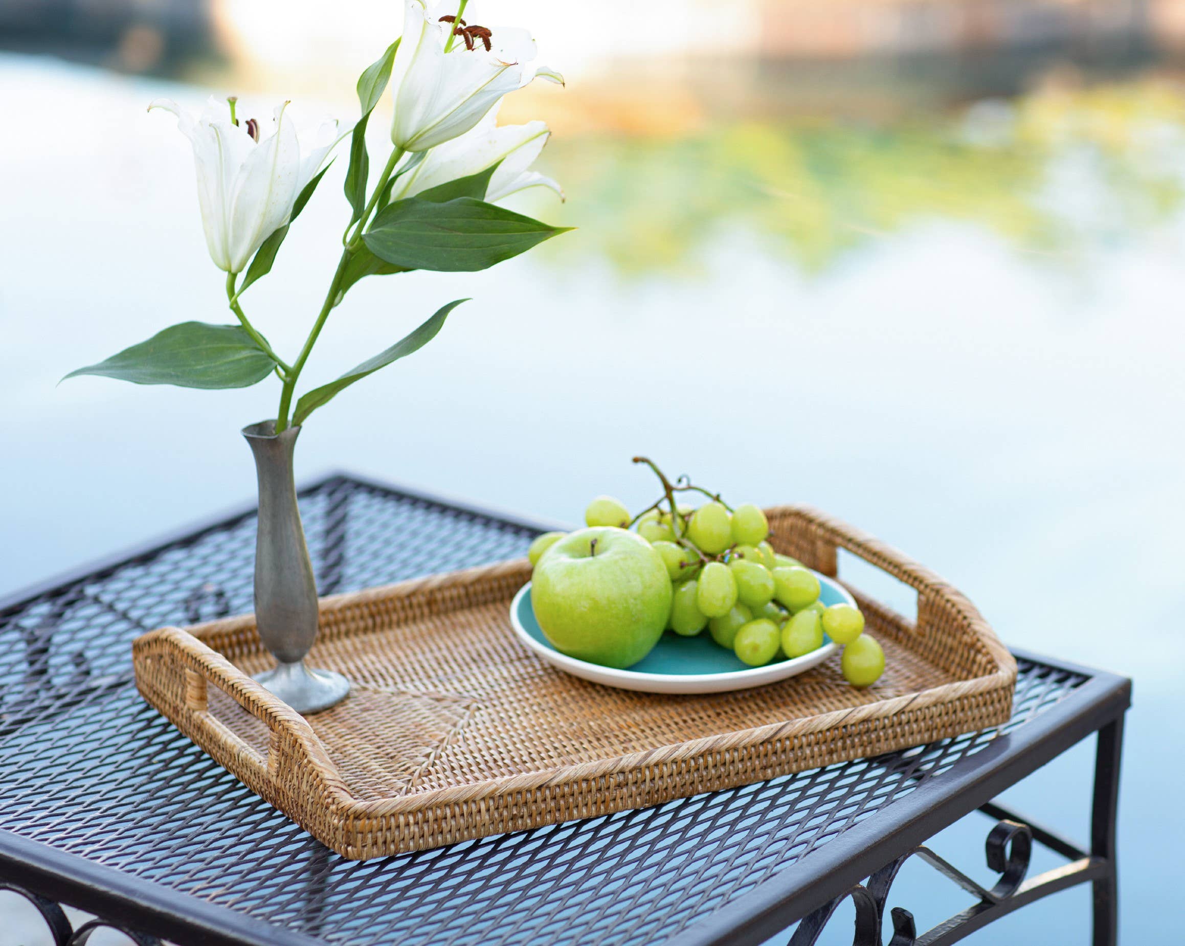 Artifacts Trading Company - Artifacts Rattan™ Rectangular Serving Tray With High Handles: White Wash / 14"x10" - MaisonBeach