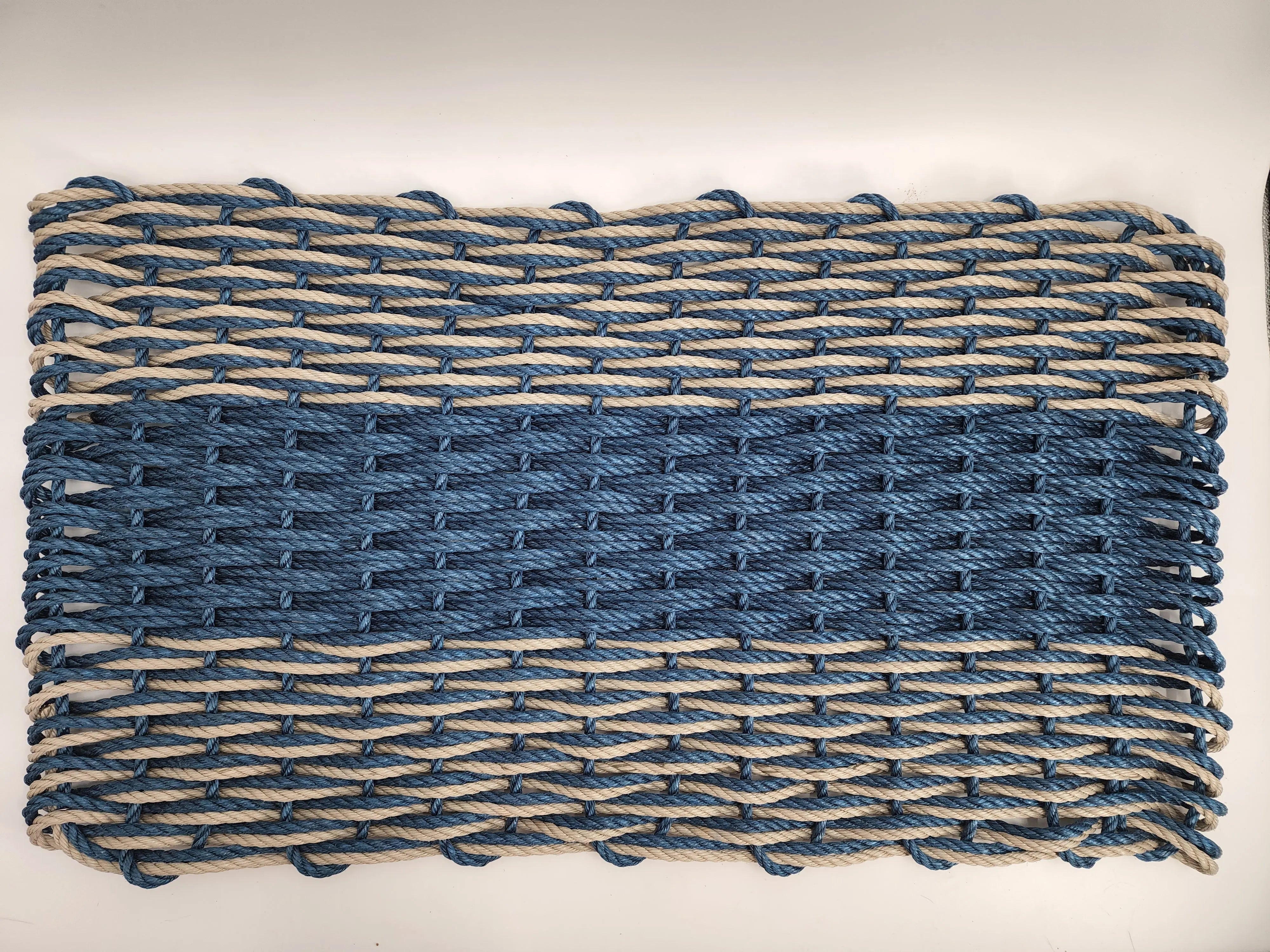 Large Navy Blue and Tan Lobster Rope Mat made with Lobster Rope, Double Weave, Vibrant, Long Lasting Durable - MaisonBeach