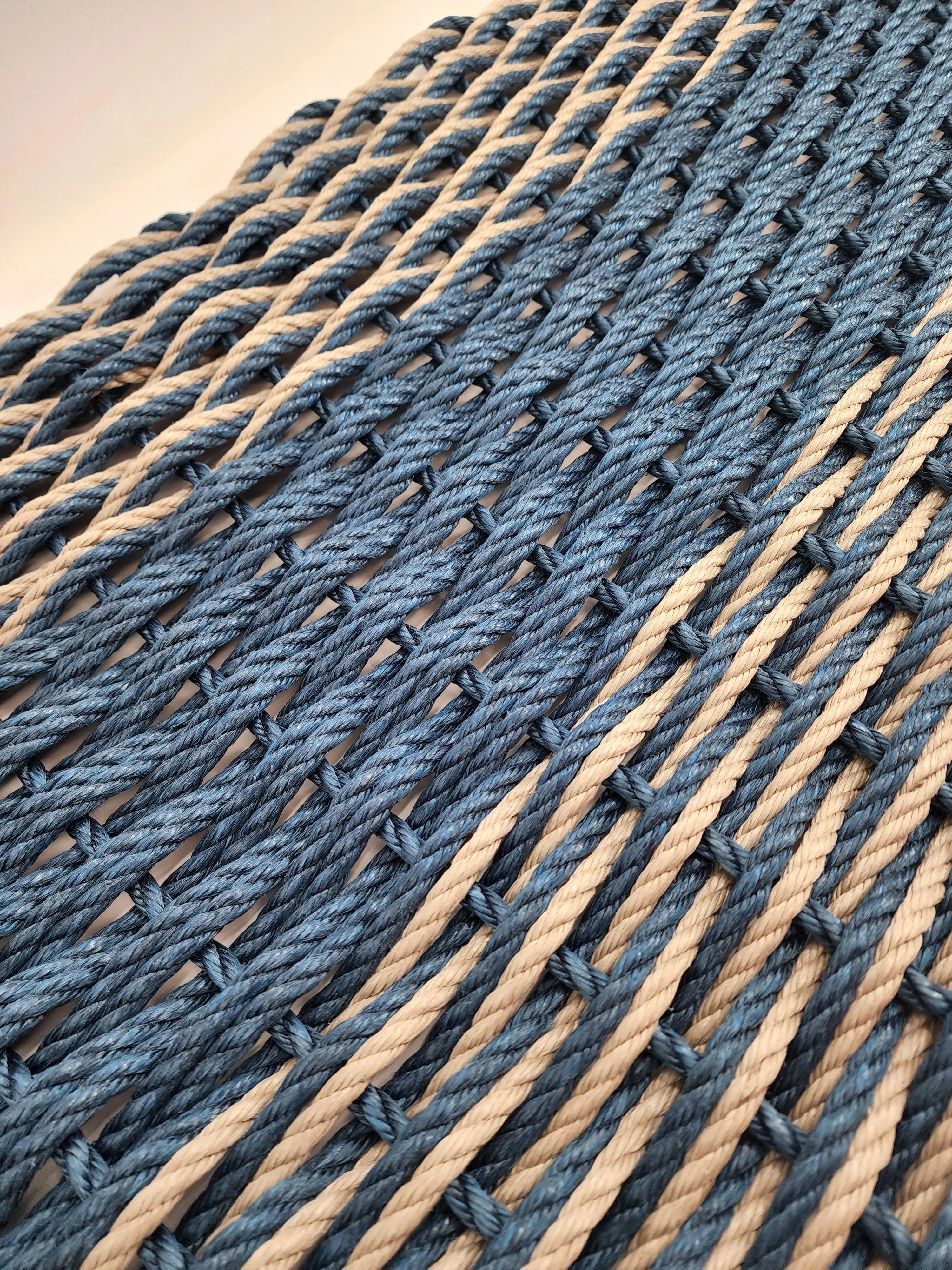 Large Navy Blue and Tan Lobster Rope Mat made with Lobster Rope, Double Weave, Vibrant, Long Lasting Durable - MaisonBeach