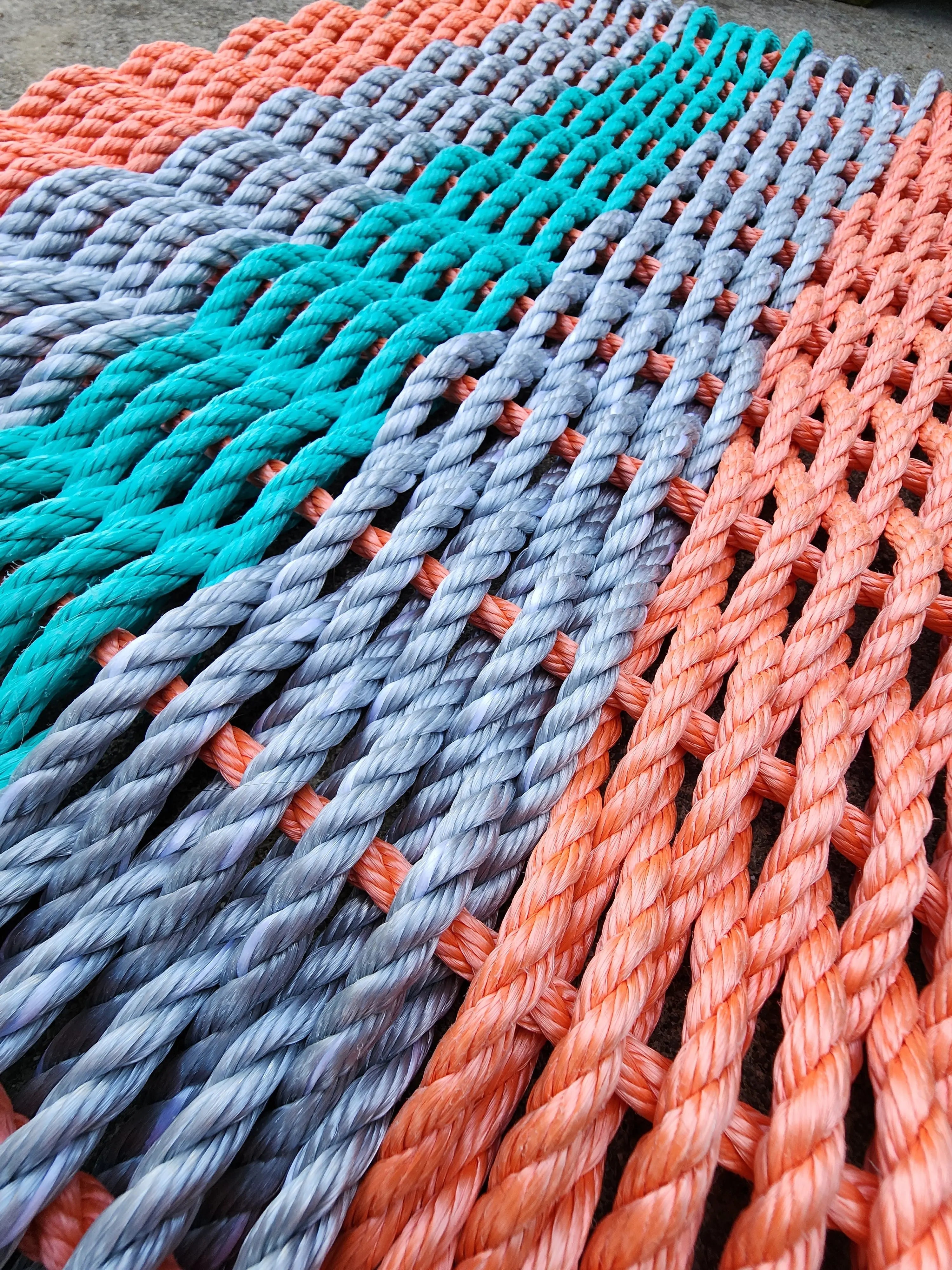 5 Stripe Mat Lobster Rope Mat Coral Orange, Light Gray and Teal - MaisonBeach