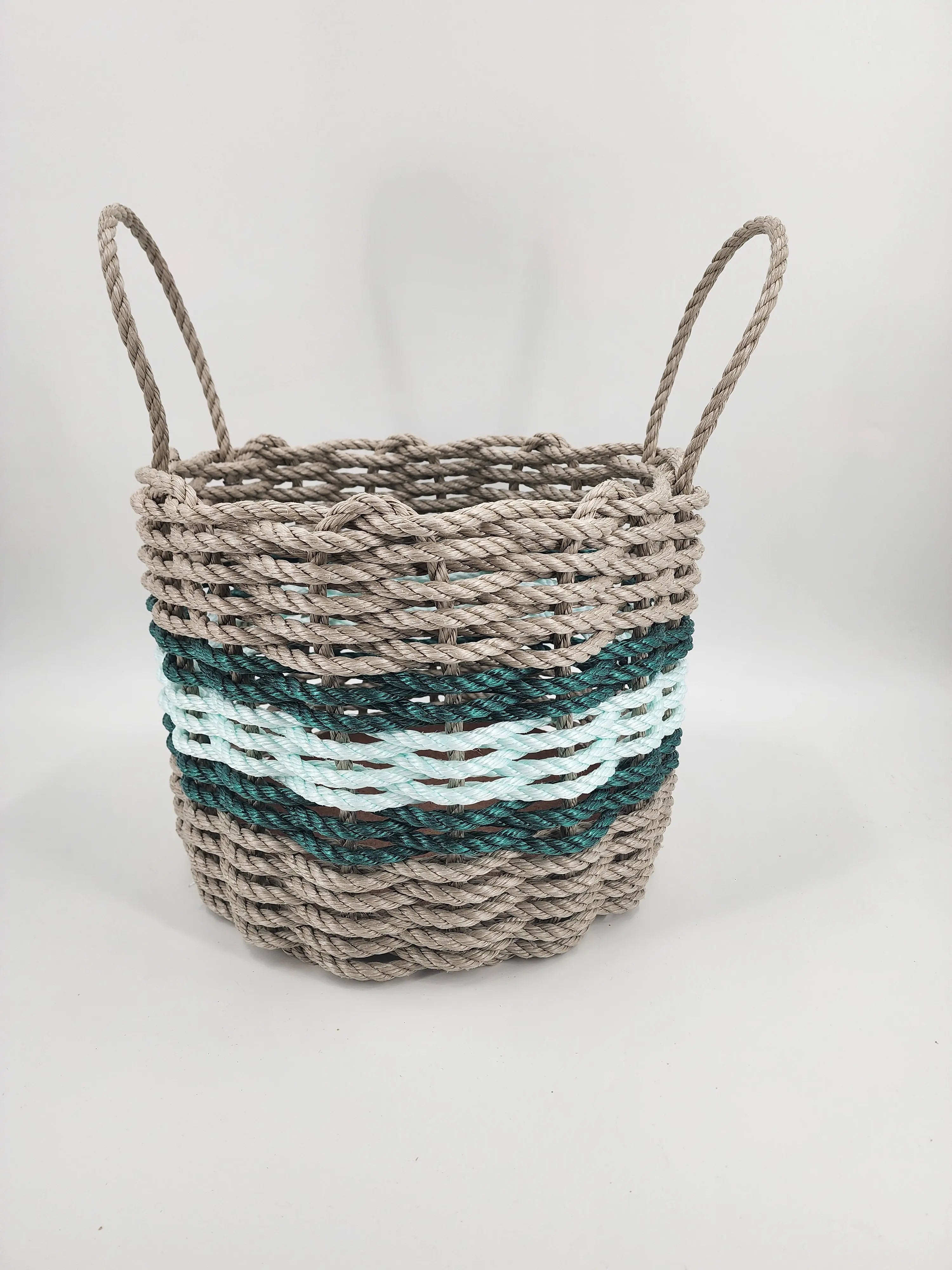 Authentic Maine Lobster Rope Storage Basket Tan and Seafoam, Accent color choice - MaisonBeach
