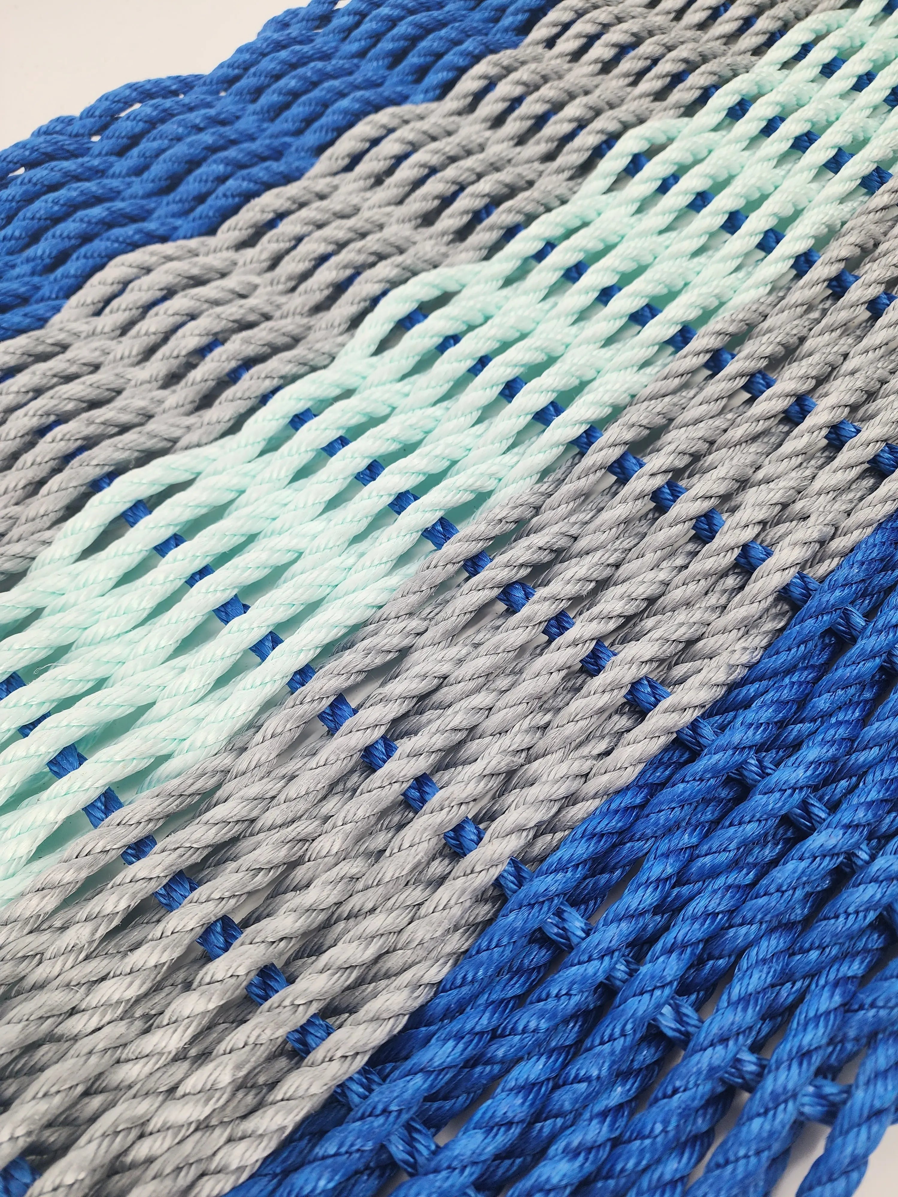 Five Stripe Rope Mat made with Lobster Rope, Blue Gray and Seafoam - MaisonBeach