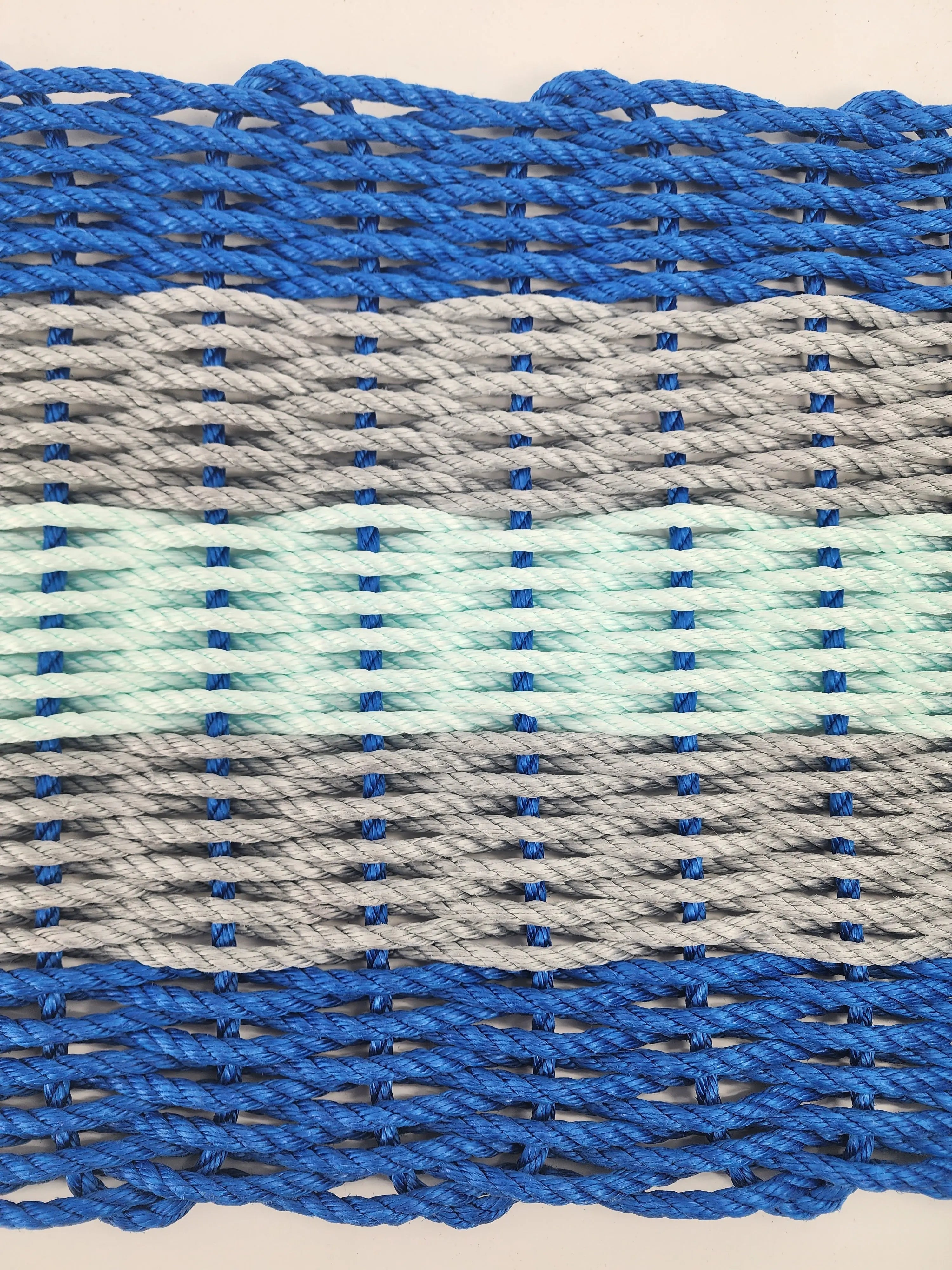 Five Stripe Rope Mat made with Lobster Rope, Blue Gray and Seafoam - MaisonBeach