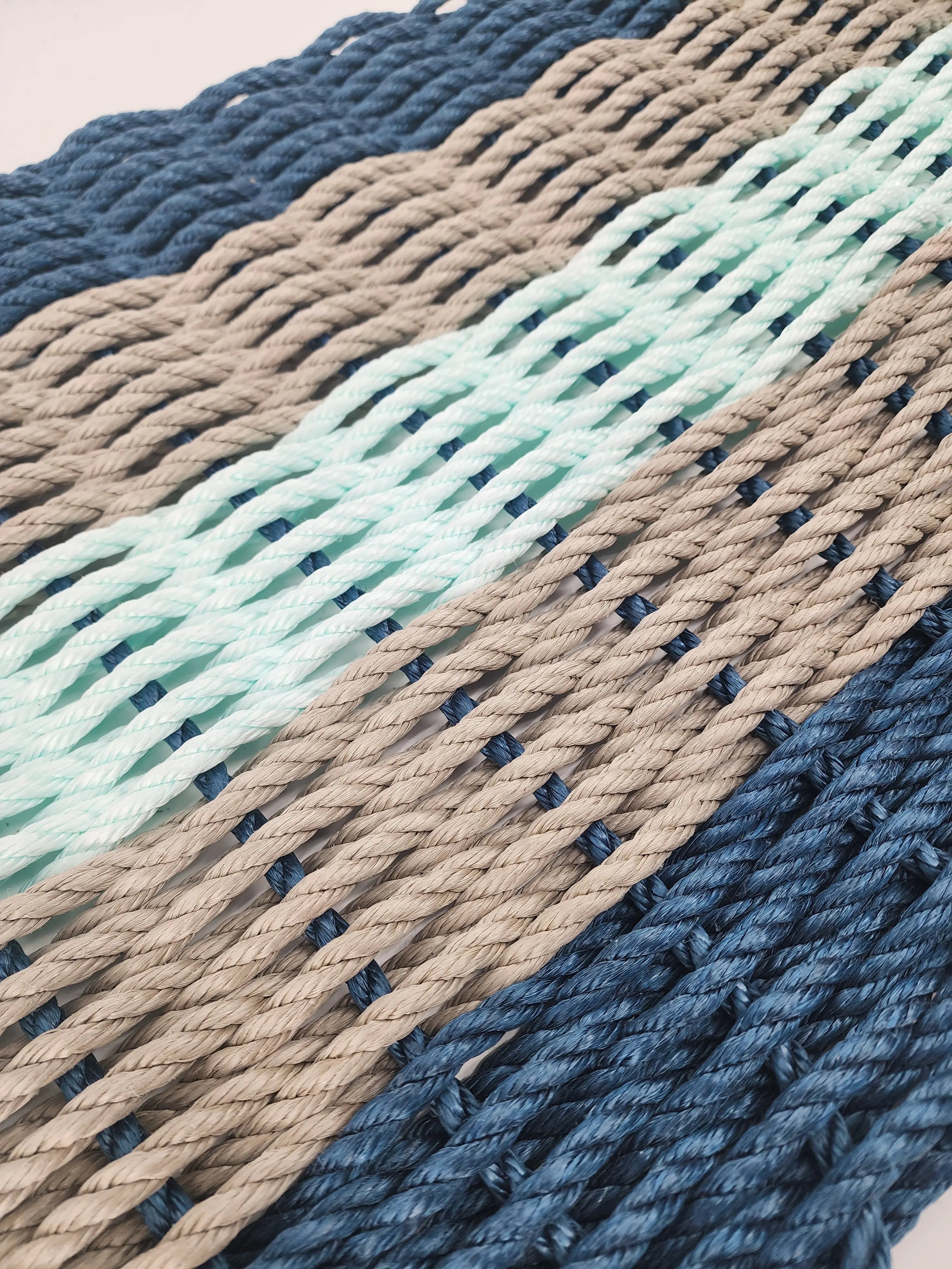 Five Stripe Rope Mat made with Lobster Rope Navy, Tan and Seafoam - MaisonBeach