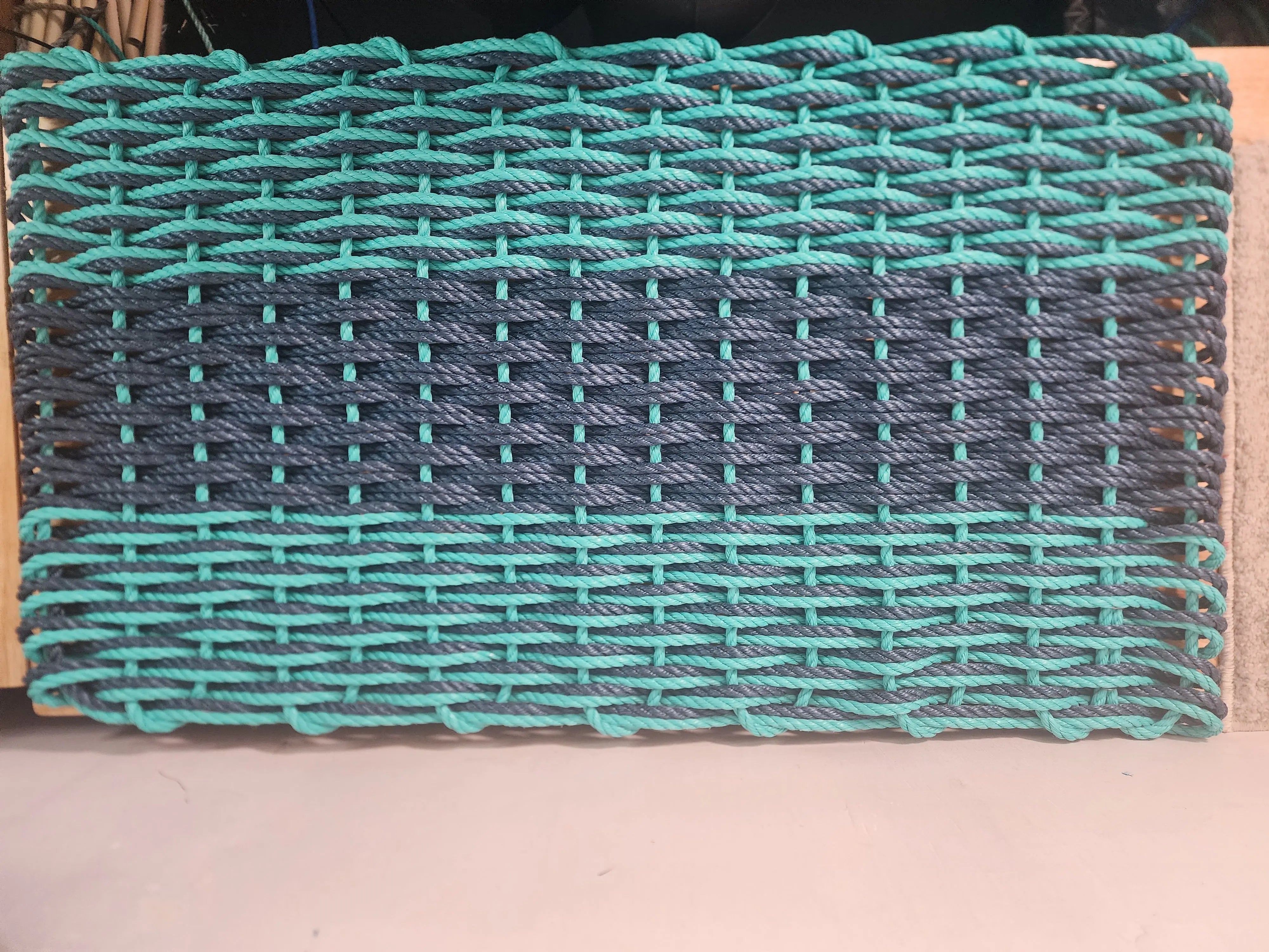 Large Navy and Teal Lobster Rope Mat made with Lobster Rope, Double Weave, Vibrant, Long Lasting Durable ( - MaisonBeach