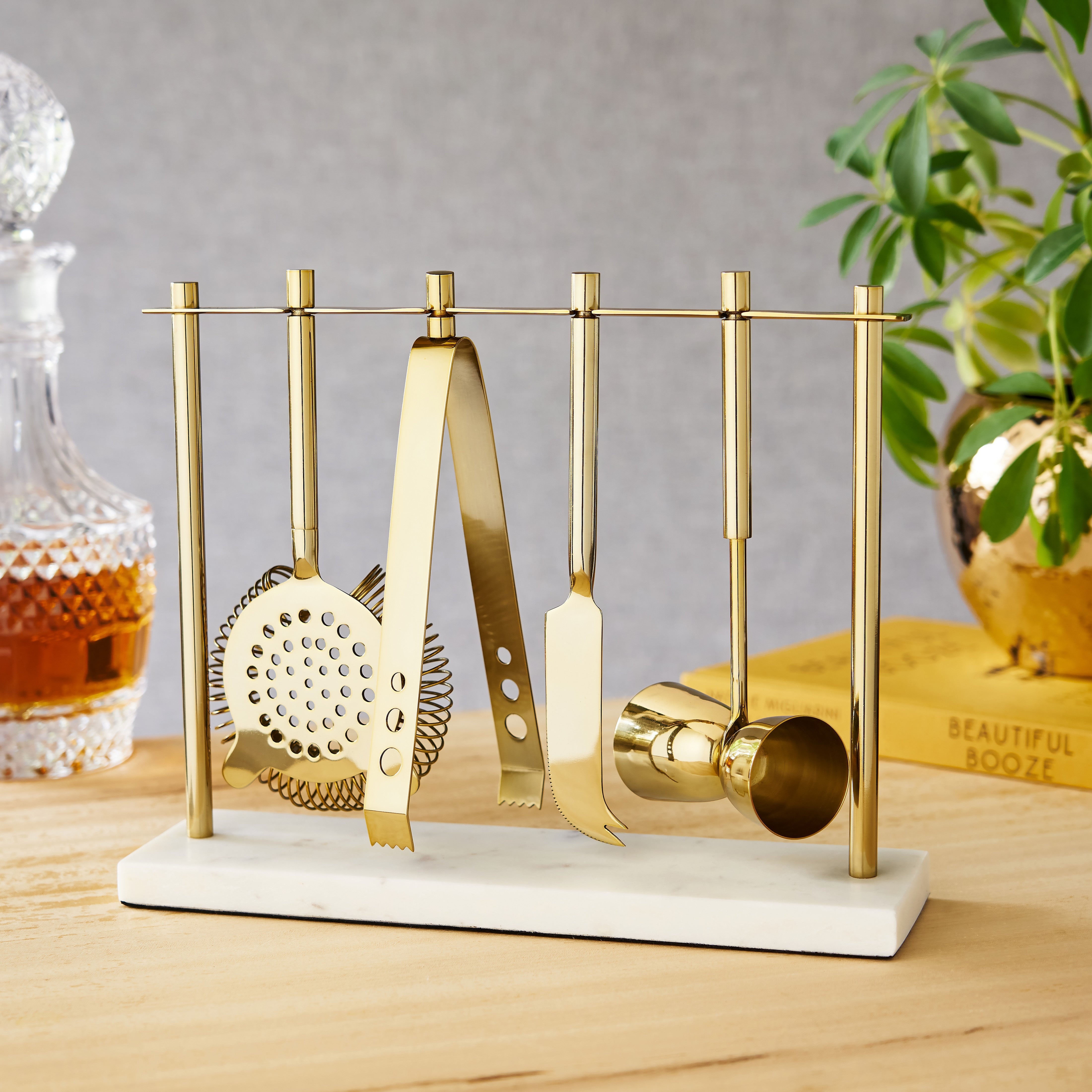 4-Piece Bar Tool Set in Gold with Marble and Stainless Steel Stand - MaisonBeach