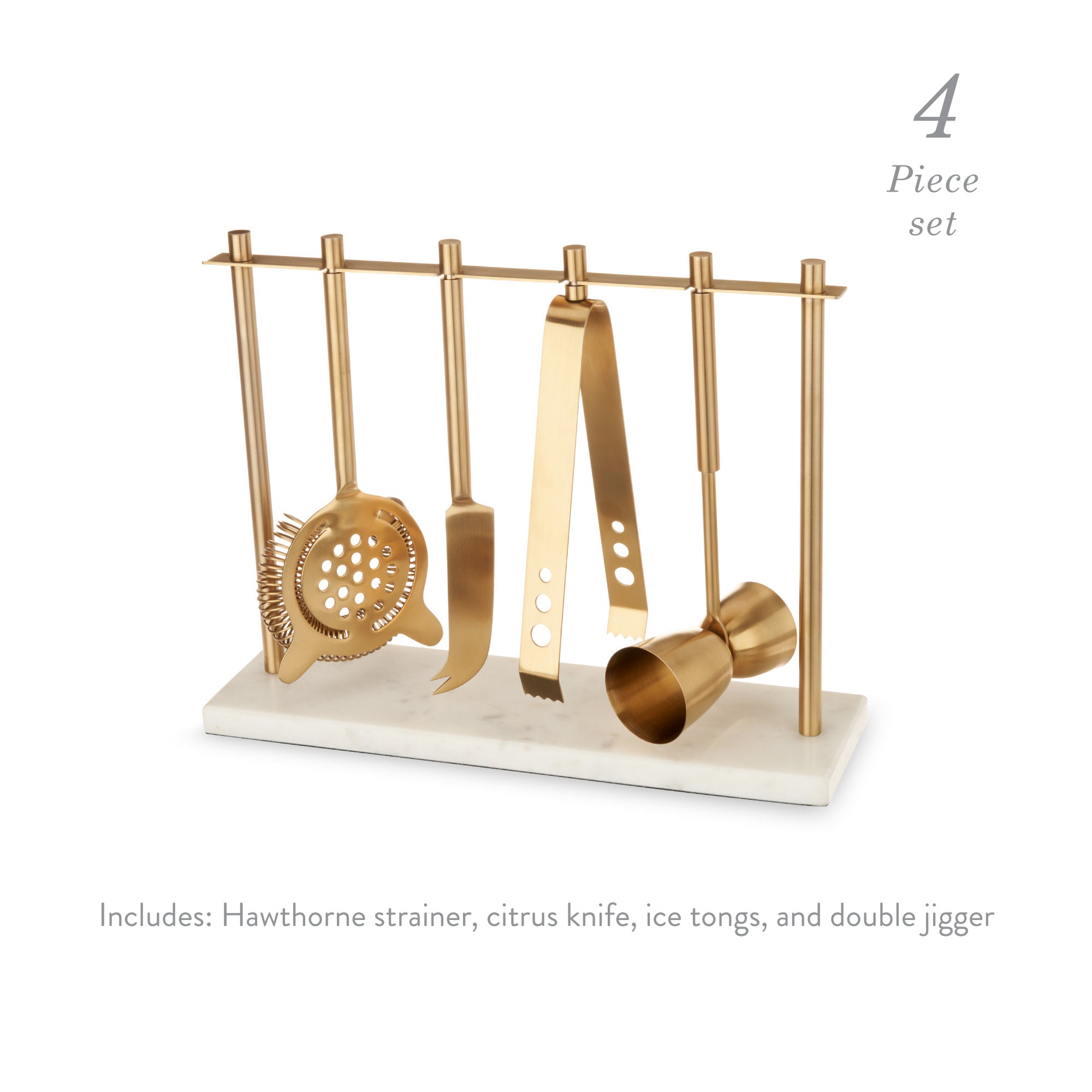 4-Piece Bar Tool Set in Gold with Marble and Stainless Steel Stand - MaisonBeach