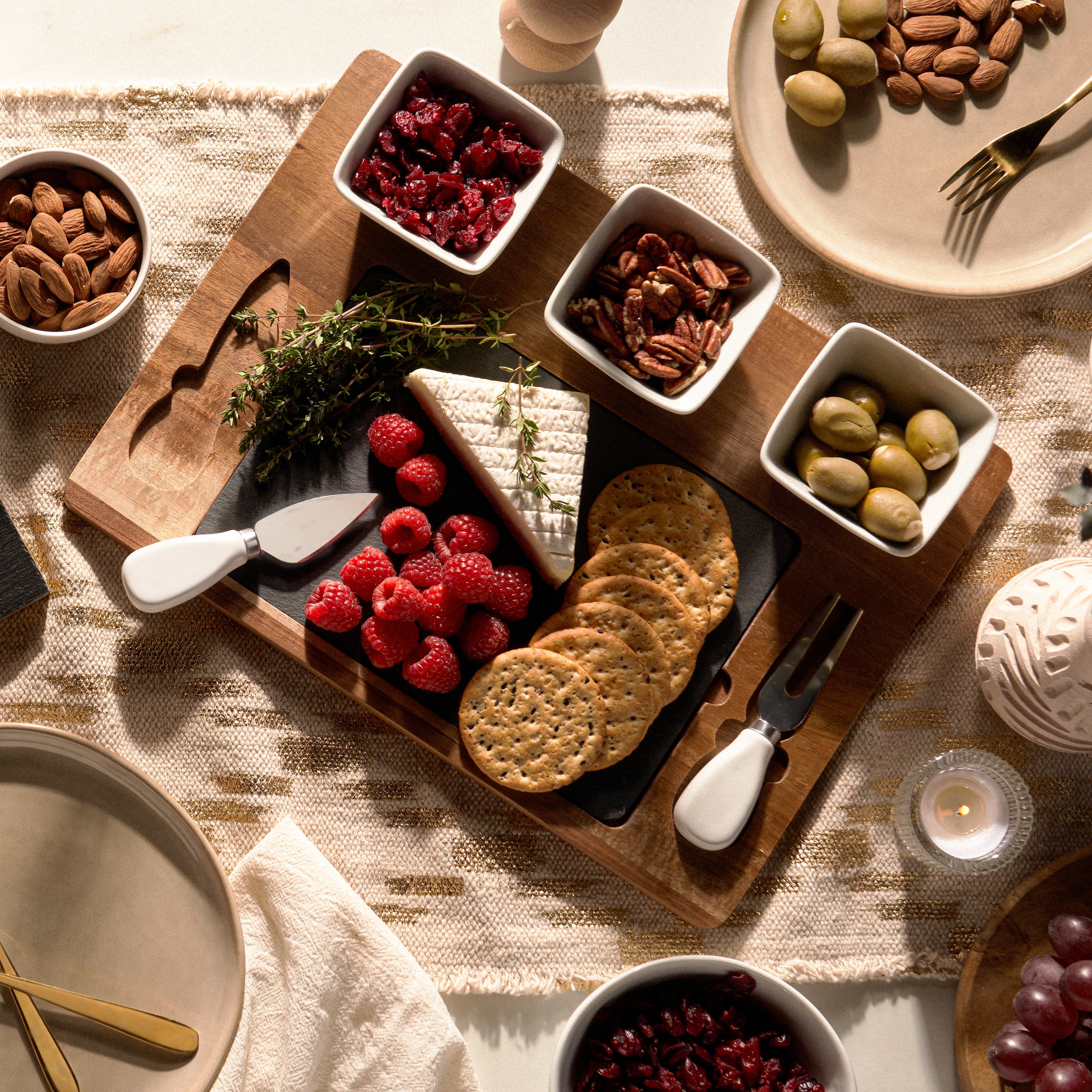 Acacia & Slate Cheese Board Set with Ceramic Bowls - MaisonBeach