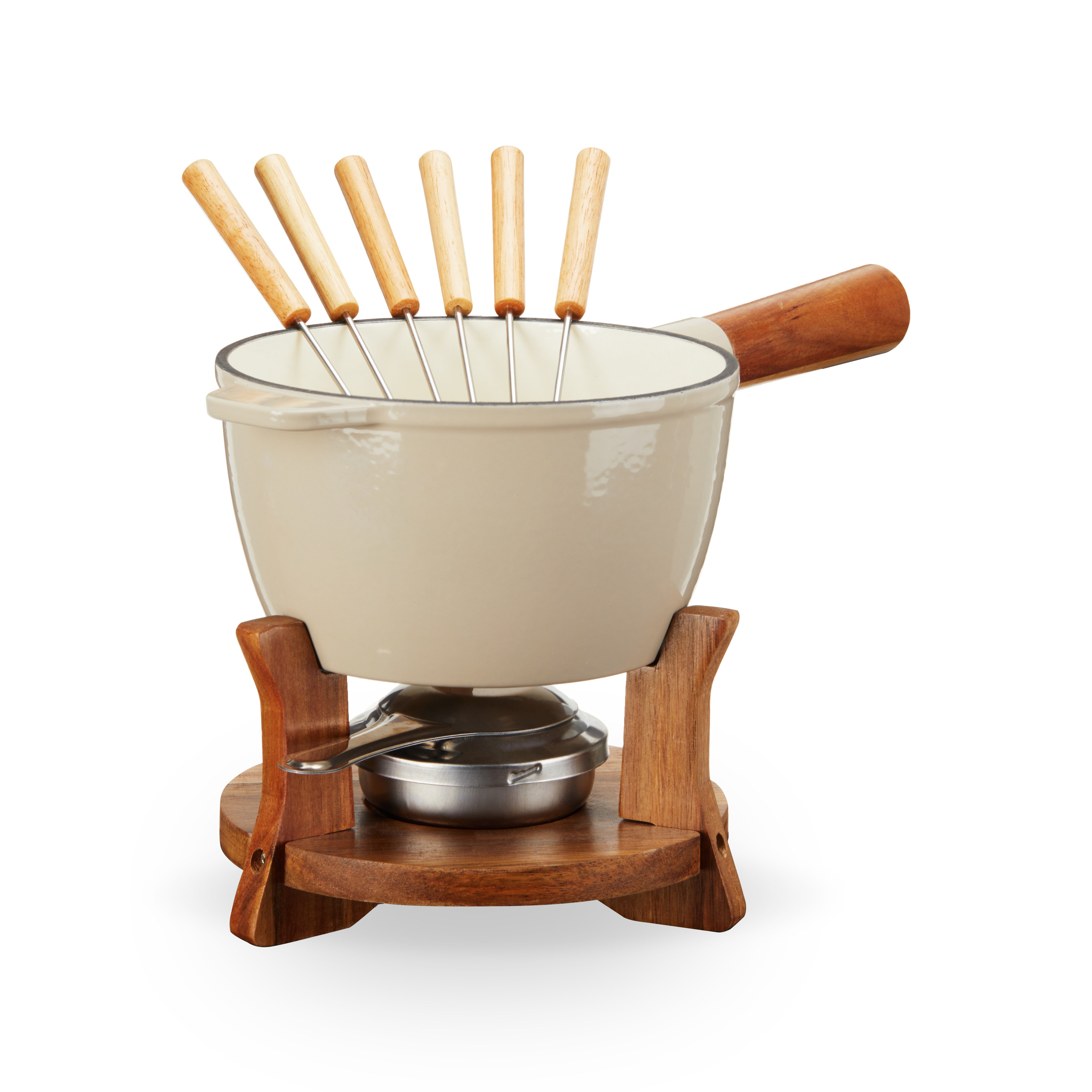 Wood and Cast Iron Fondue Set in Beige - MaisonBeach