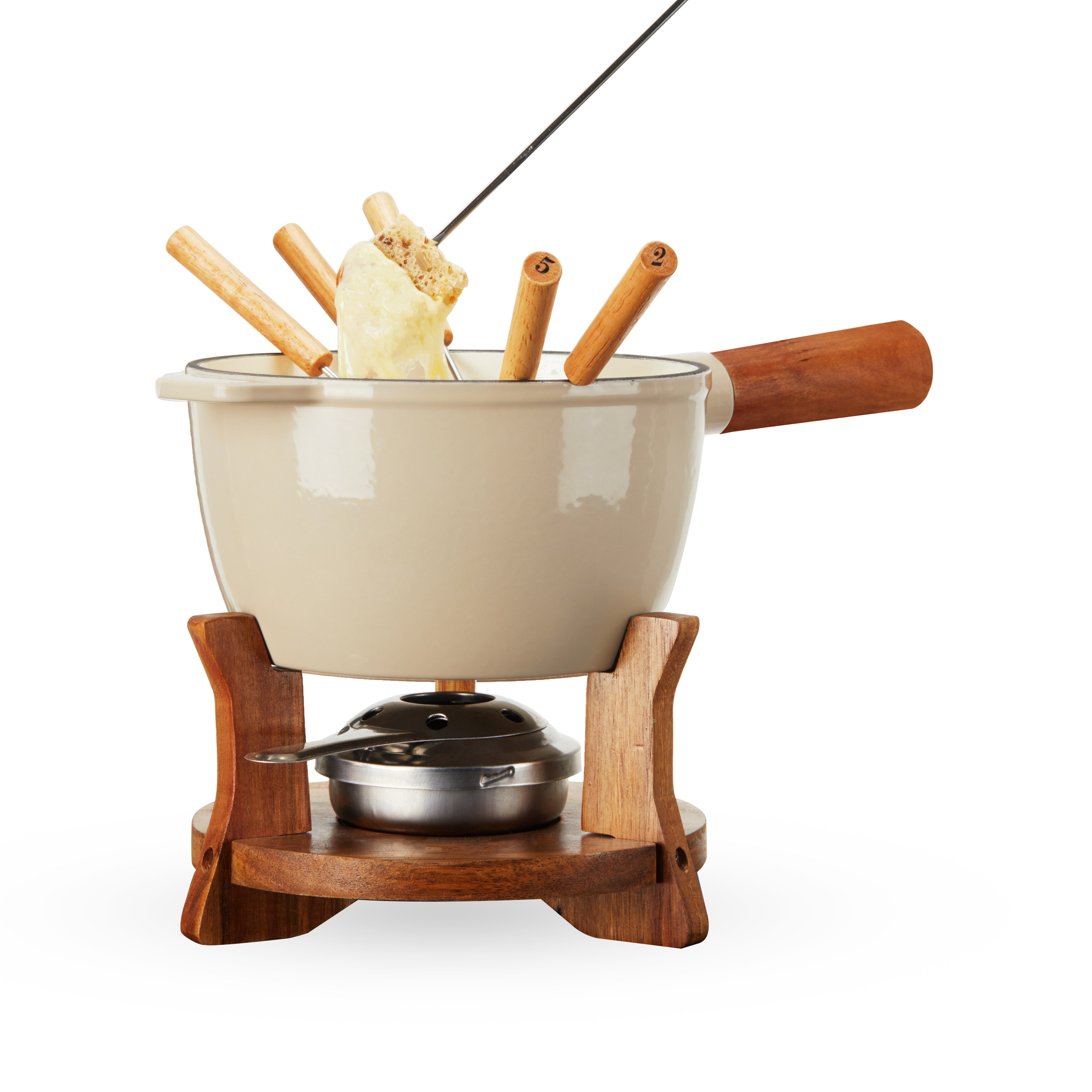 Wood and Cast Iron Fondue Set in Beige - MaisonBeach