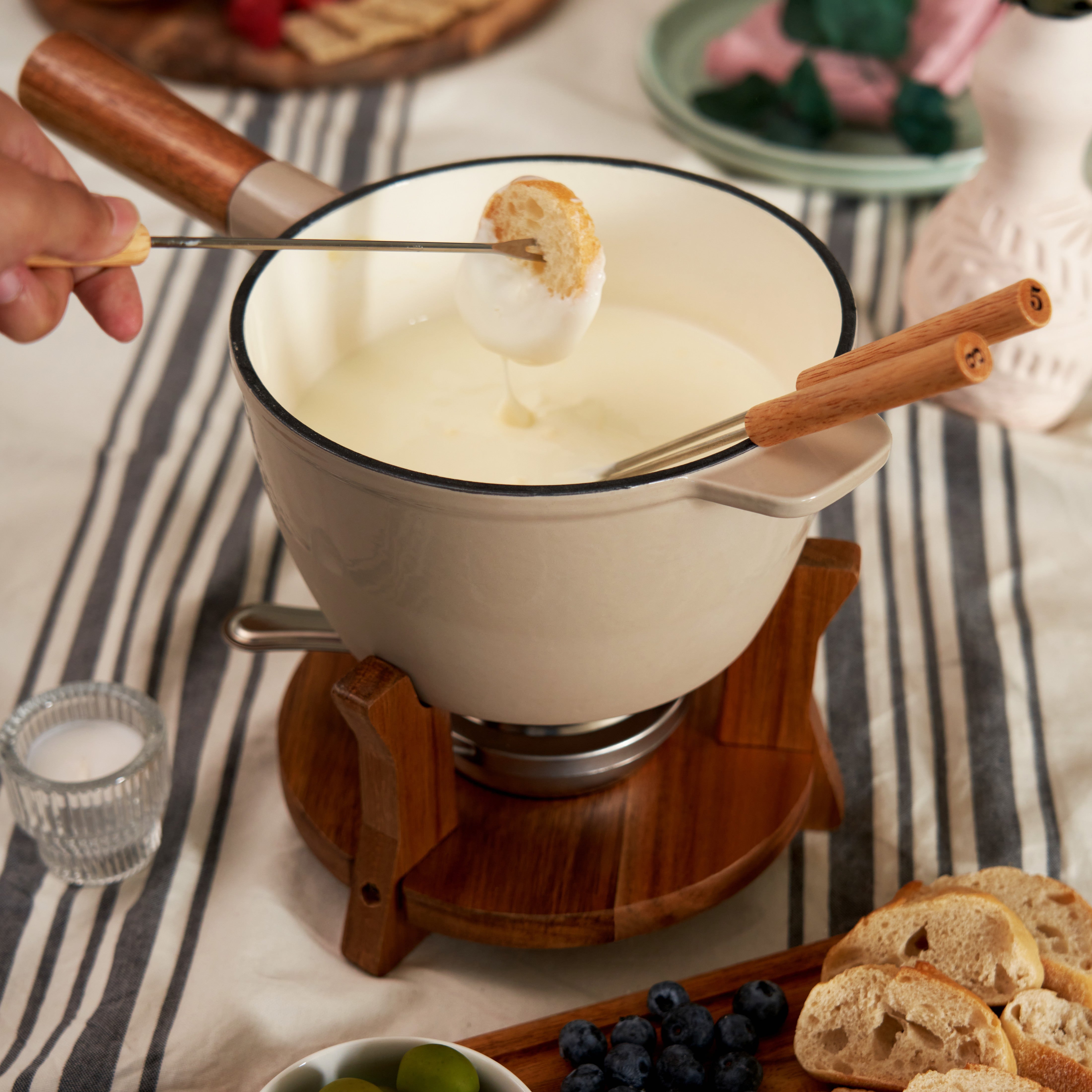 Wood and Cast Iron Fondue Set in Beige - MaisonBeach