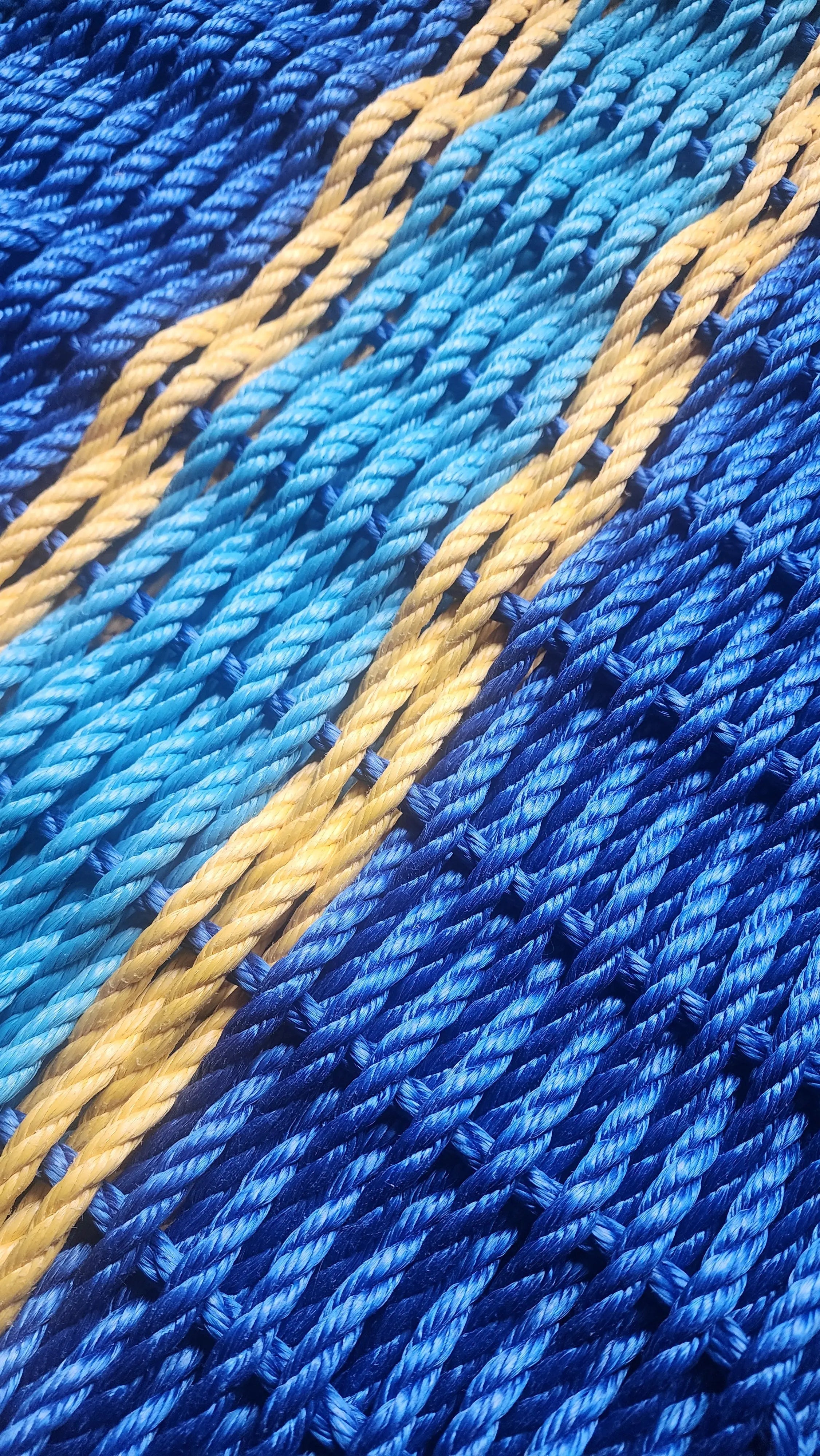 Rope Mat made with Lobster Rope, Two Tone Blue, Yellow accent - MaisonBeach