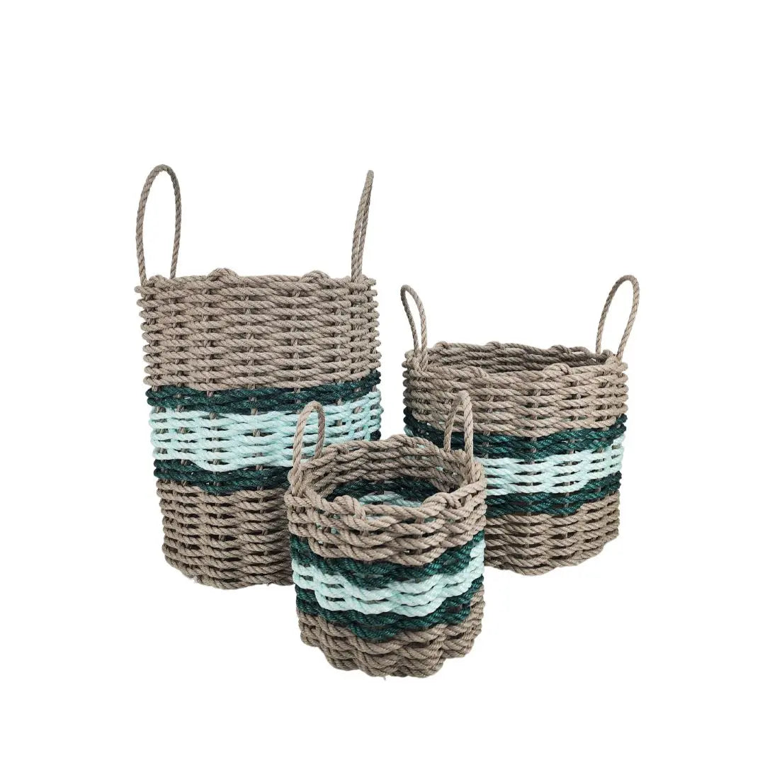Lobster Rope Basket Tan and Seafoam, Hunter Green Accents - MaisonBeach