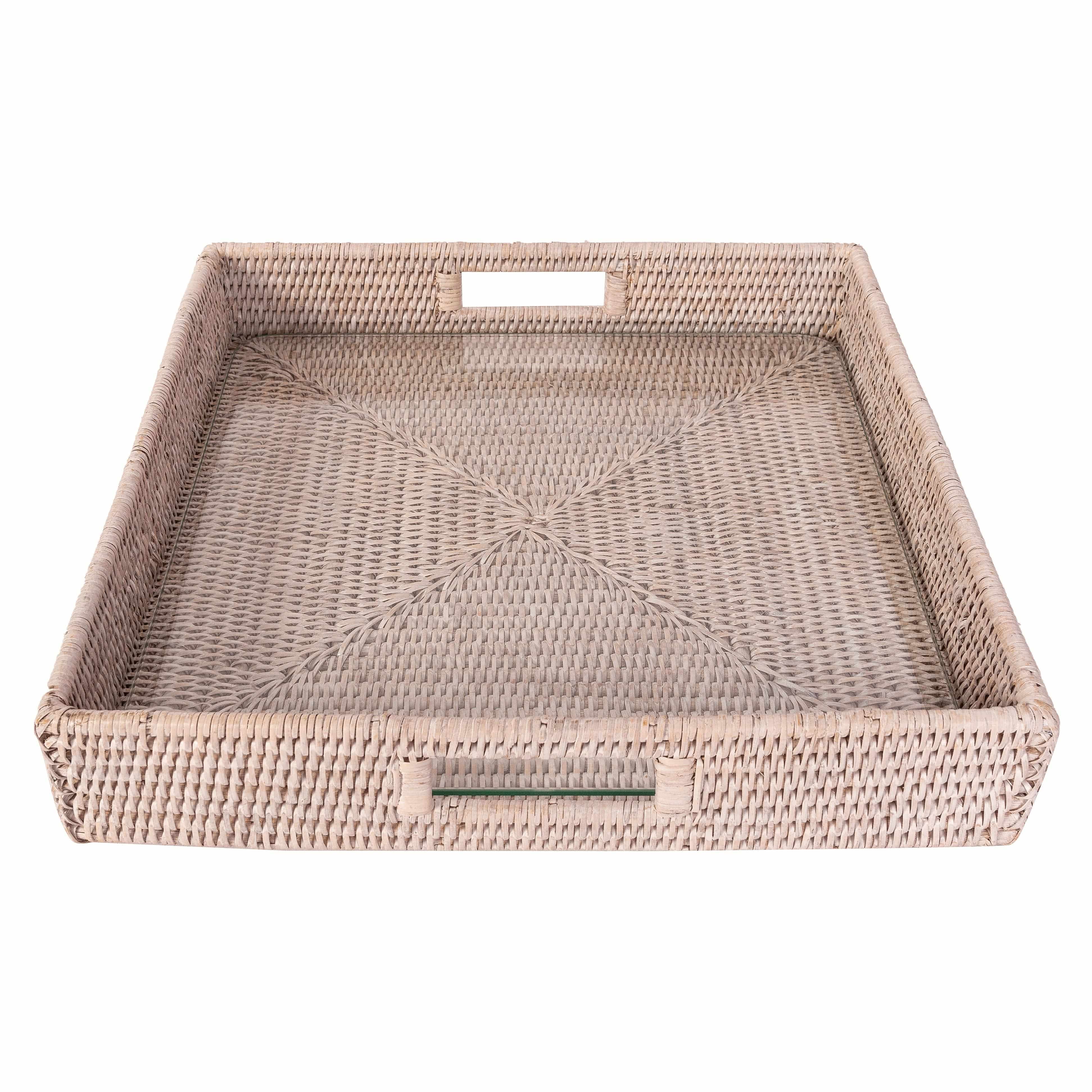 16" Rattan Square Serving Ottoman Tray with Glass Insert: White Wash