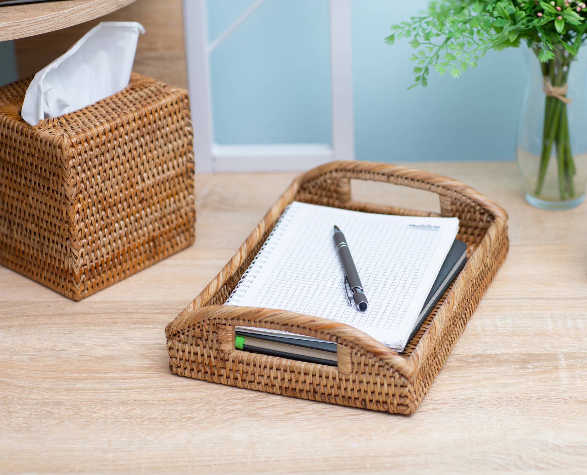 Artifacts Trading Company - Artifacts Rattan™ Rectangular Vanity Tray With High Handles: White Wash - MaisonBeach