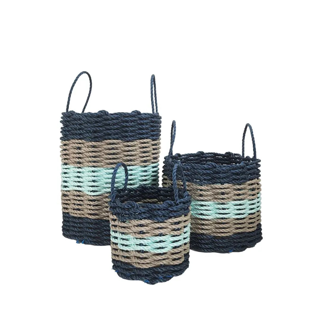 Five Stripe Rope Storage Basket Navy, Tan and Seafoam - MaisonBeach