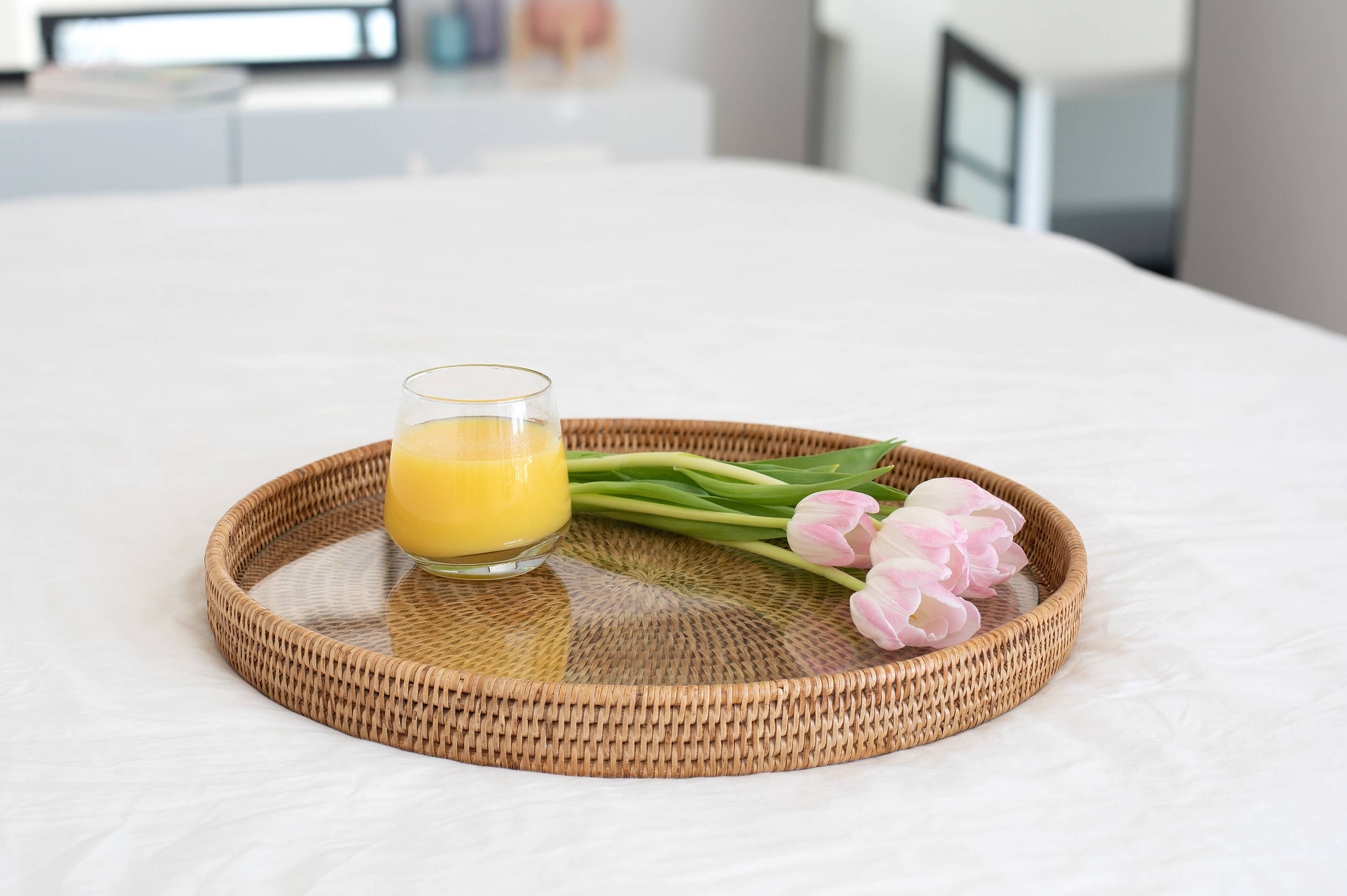 Artifacts Trading Company - Artifacts Rattan Round Serving-Ottoman Tray & Glass Insert: White Wash / 19"x2" - MaisonBeach