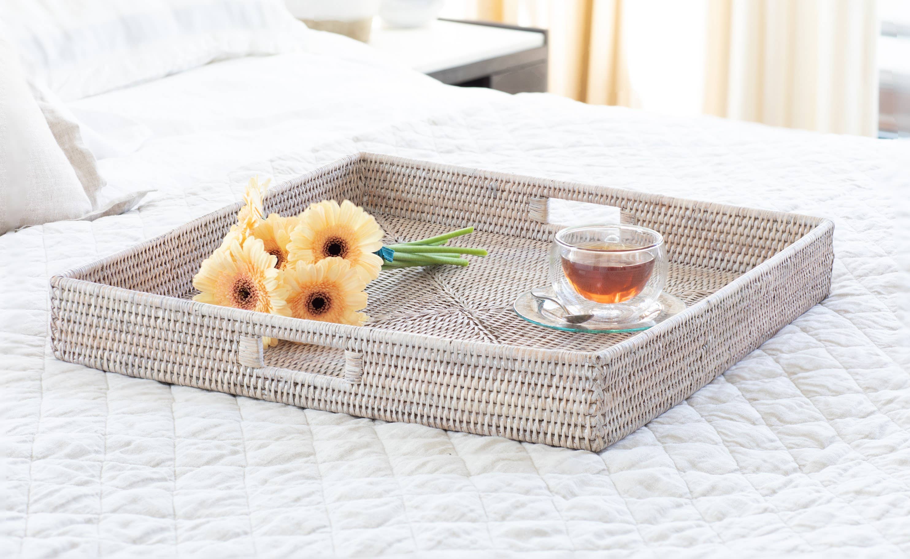 Rattan Square Serving/Ottoman Tray: 18" / Honey Brown - MaisonBeach