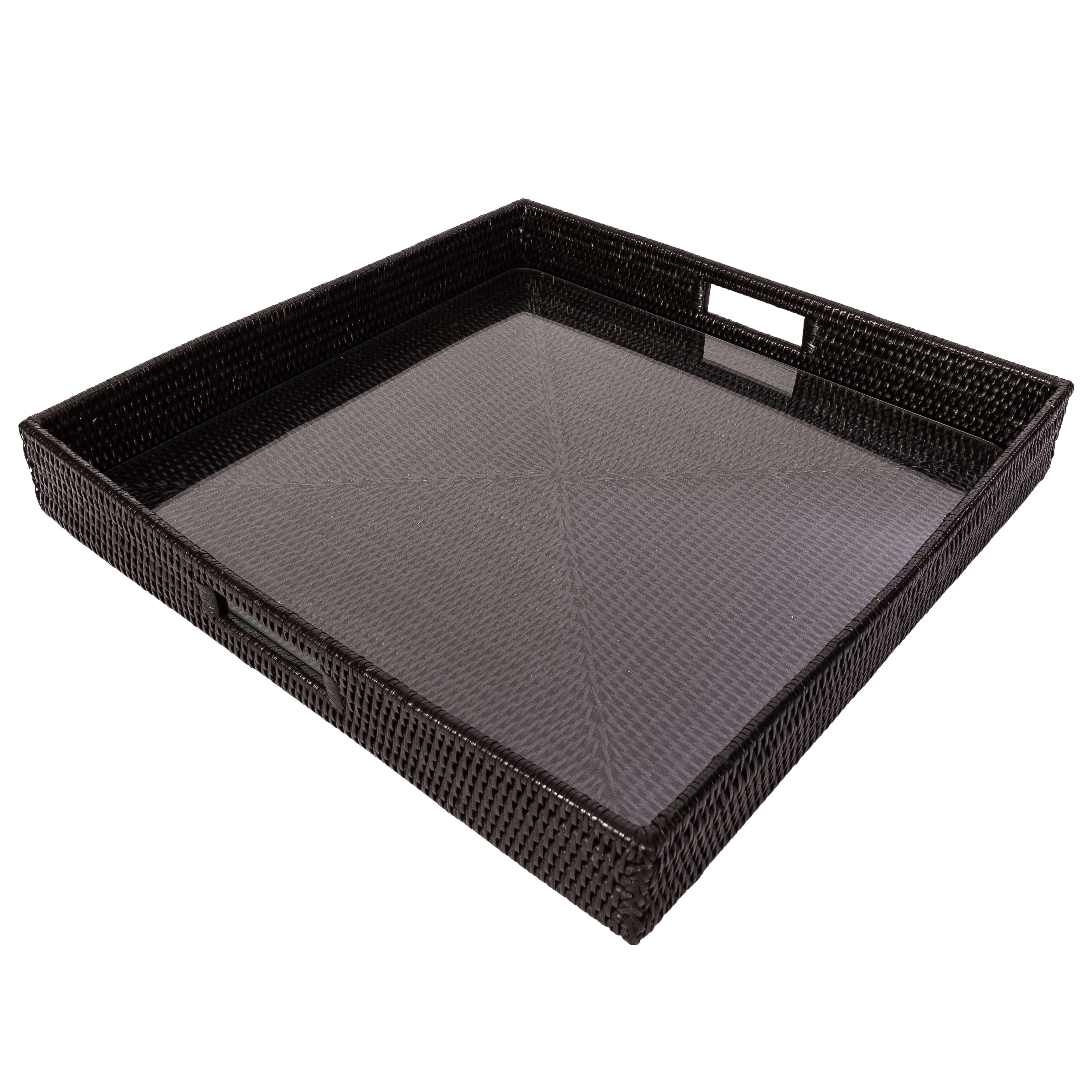 16" Rattan Square Serving Ottoman Tray with Glass Insert: White Wash