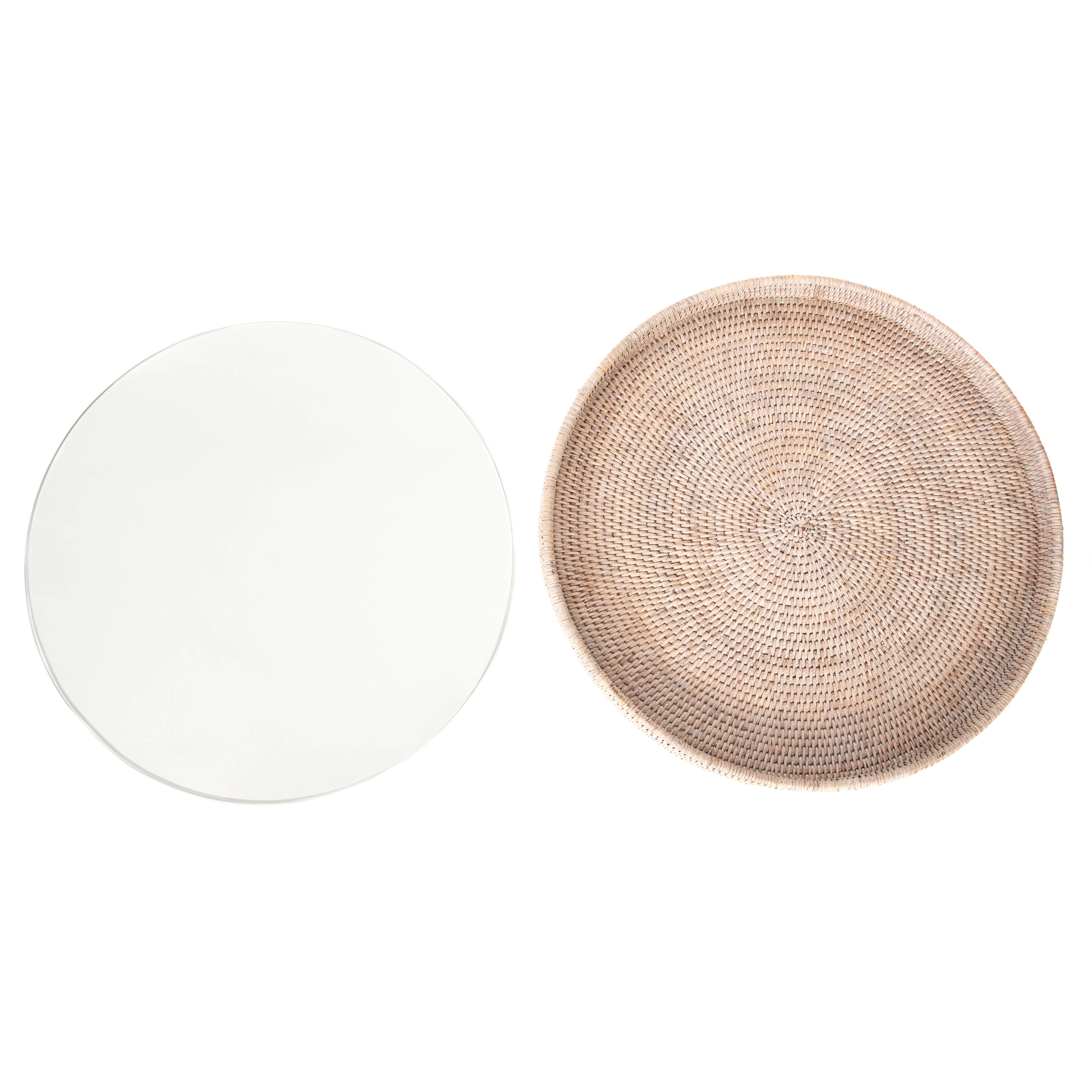 Artifacts Trading Company - Artifacts Rattan Round Serving-Ottoman Tray & Glass Insert: White Wash / 19"x2" - MaisonBeach