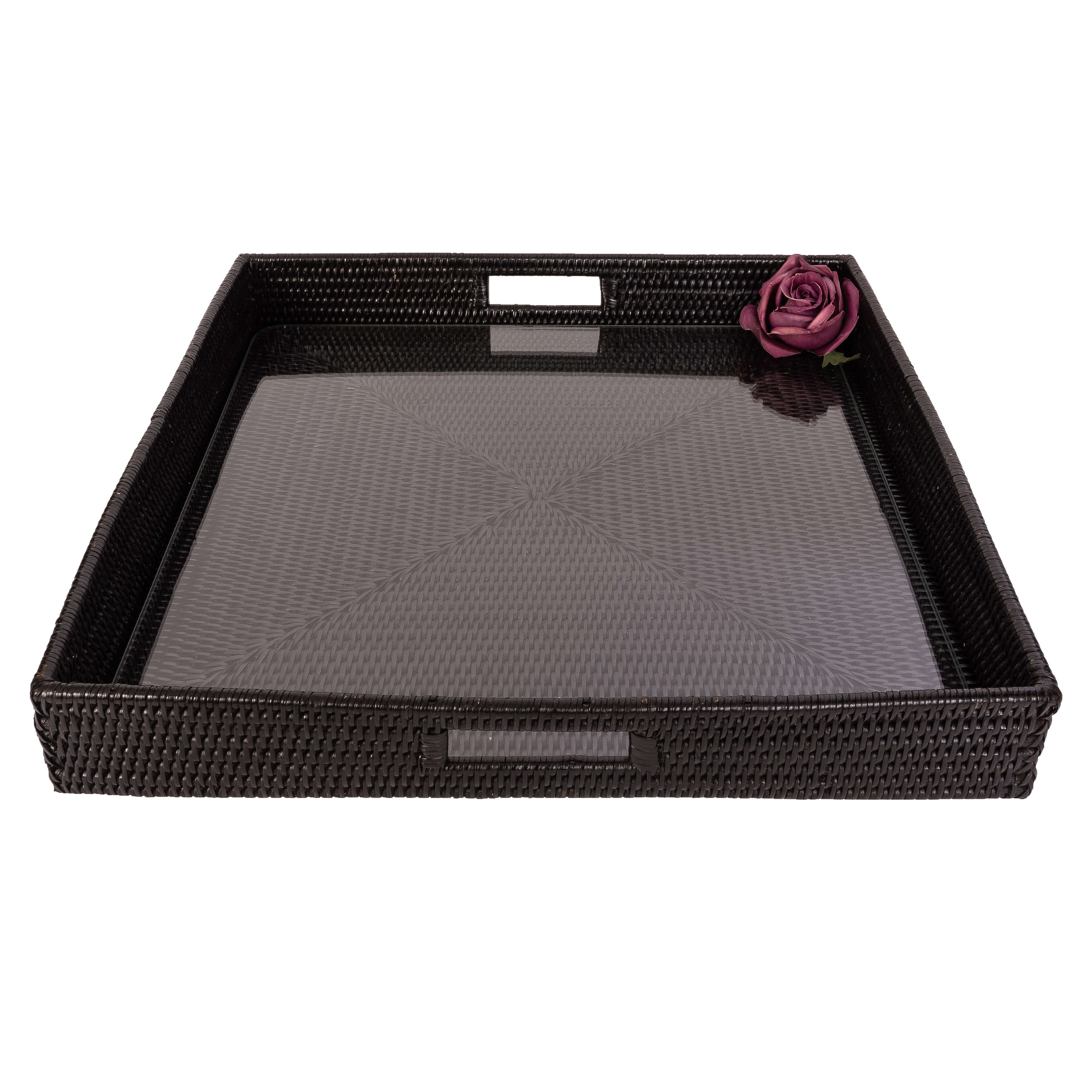 16" Rattan Square Serving Ottoman Tray with Glass Insert: White Wash