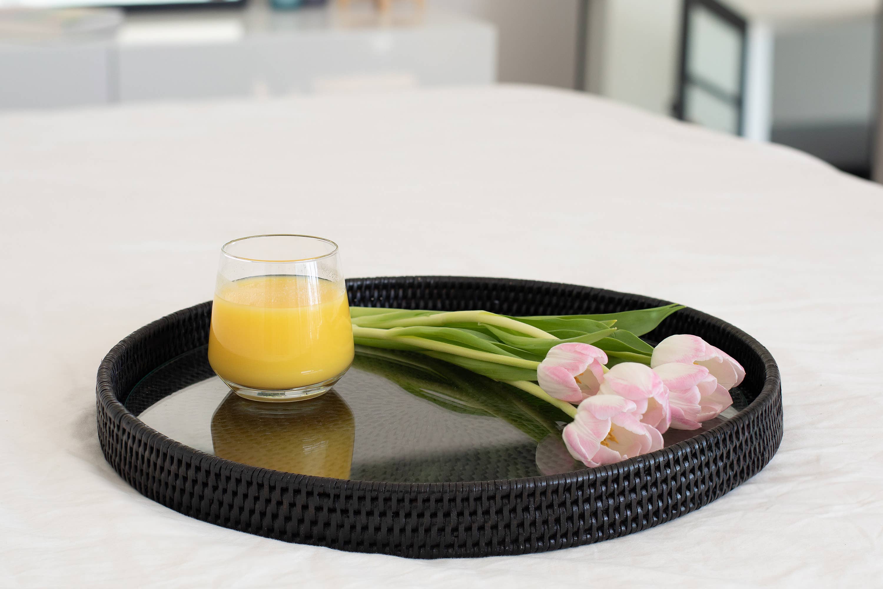 Artifacts Trading Company - Artifacts Rattan Round Serving-Ottoman Tray & Glass Insert: White Wash / 19"x2" - MaisonBeach