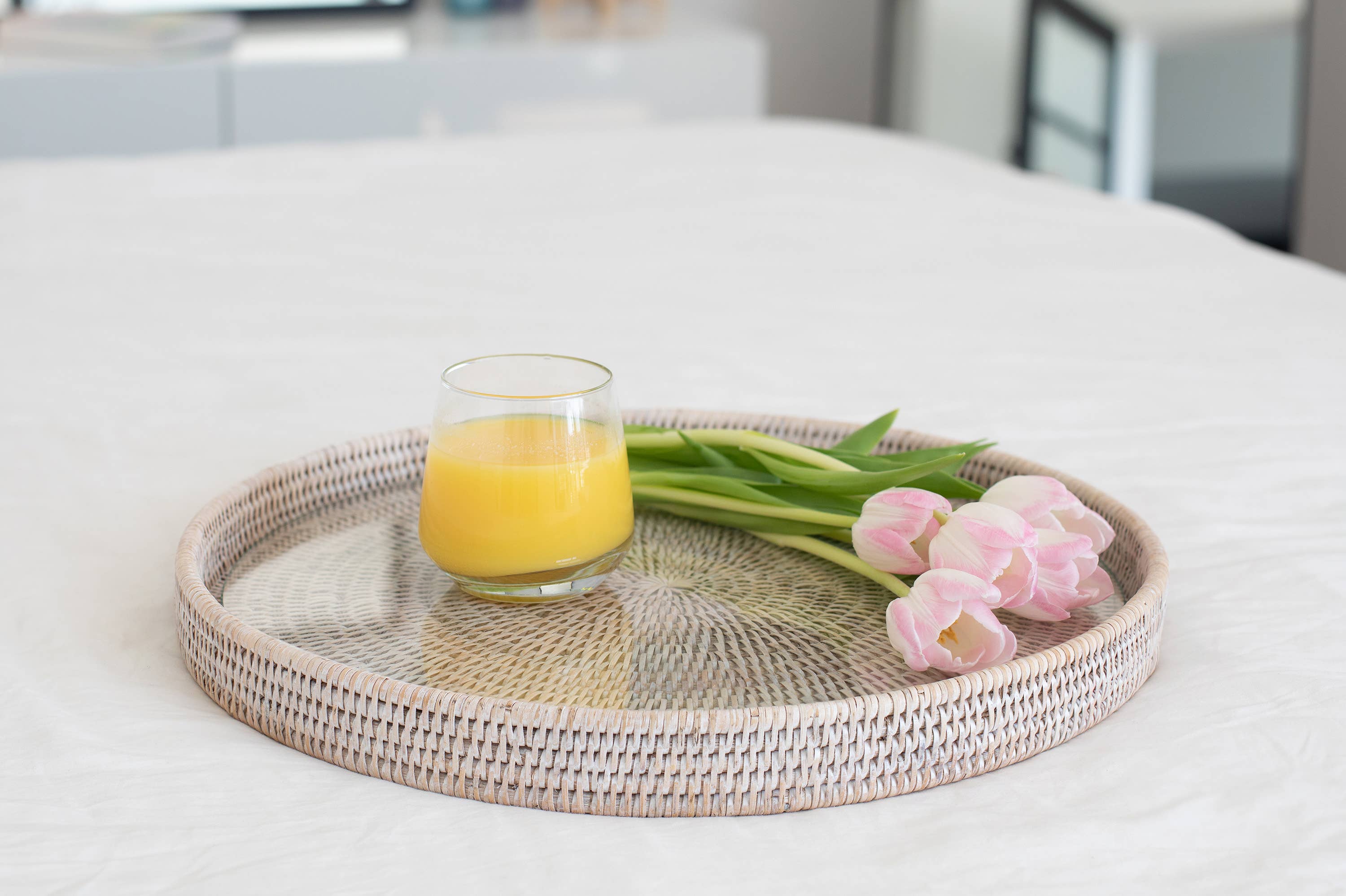 Artifacts Trading Company - Artifacts Rattan Round Serving-Ottoman Tray & Glass Insert: White Wash / 19"x2" - MaisonBeach