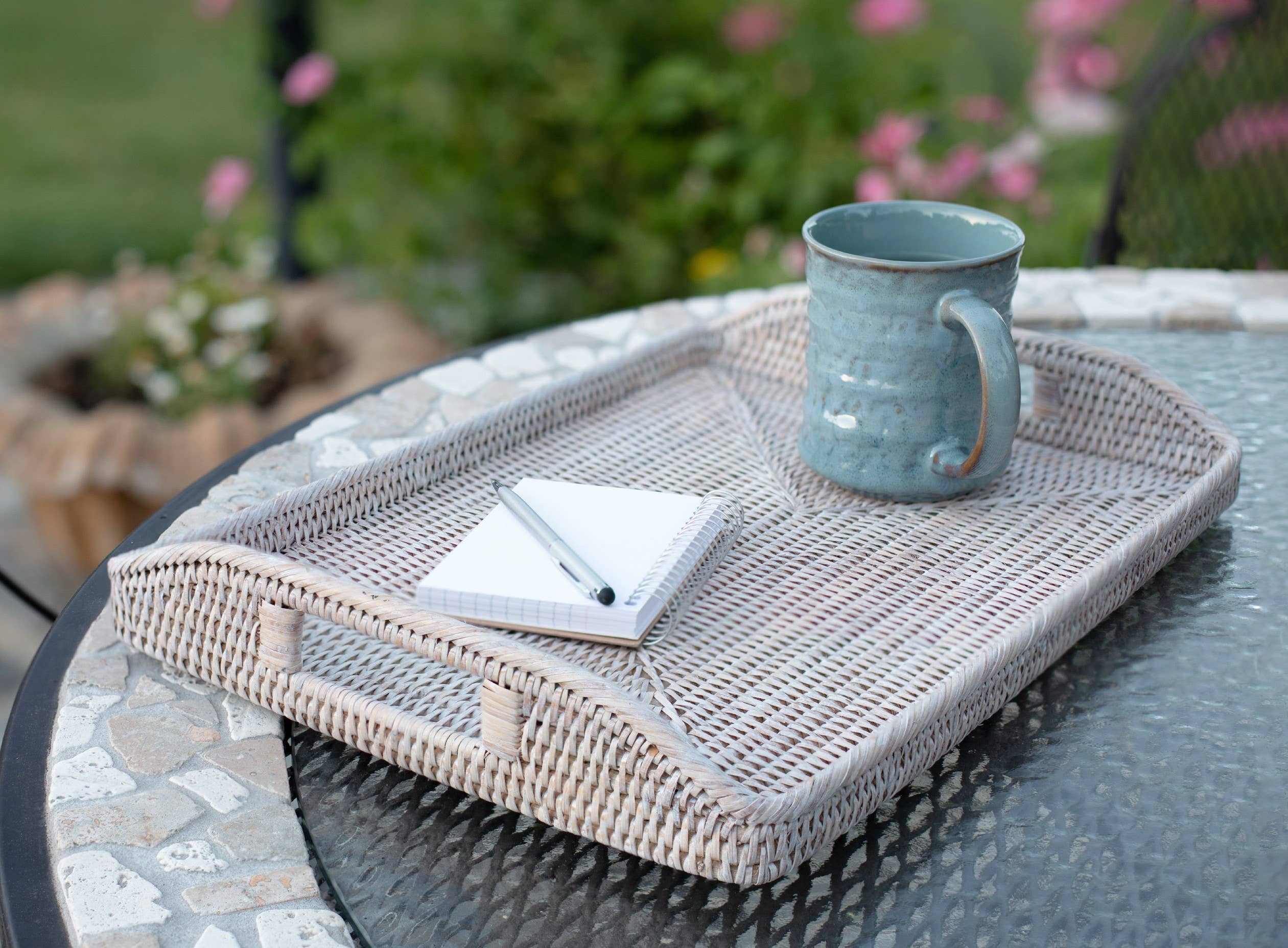 Artifacts Trading Company - Artifacts Rattan™ Rectangular Serving Tray With High Handles: White Wash / 14"x10" - MaisonBeach