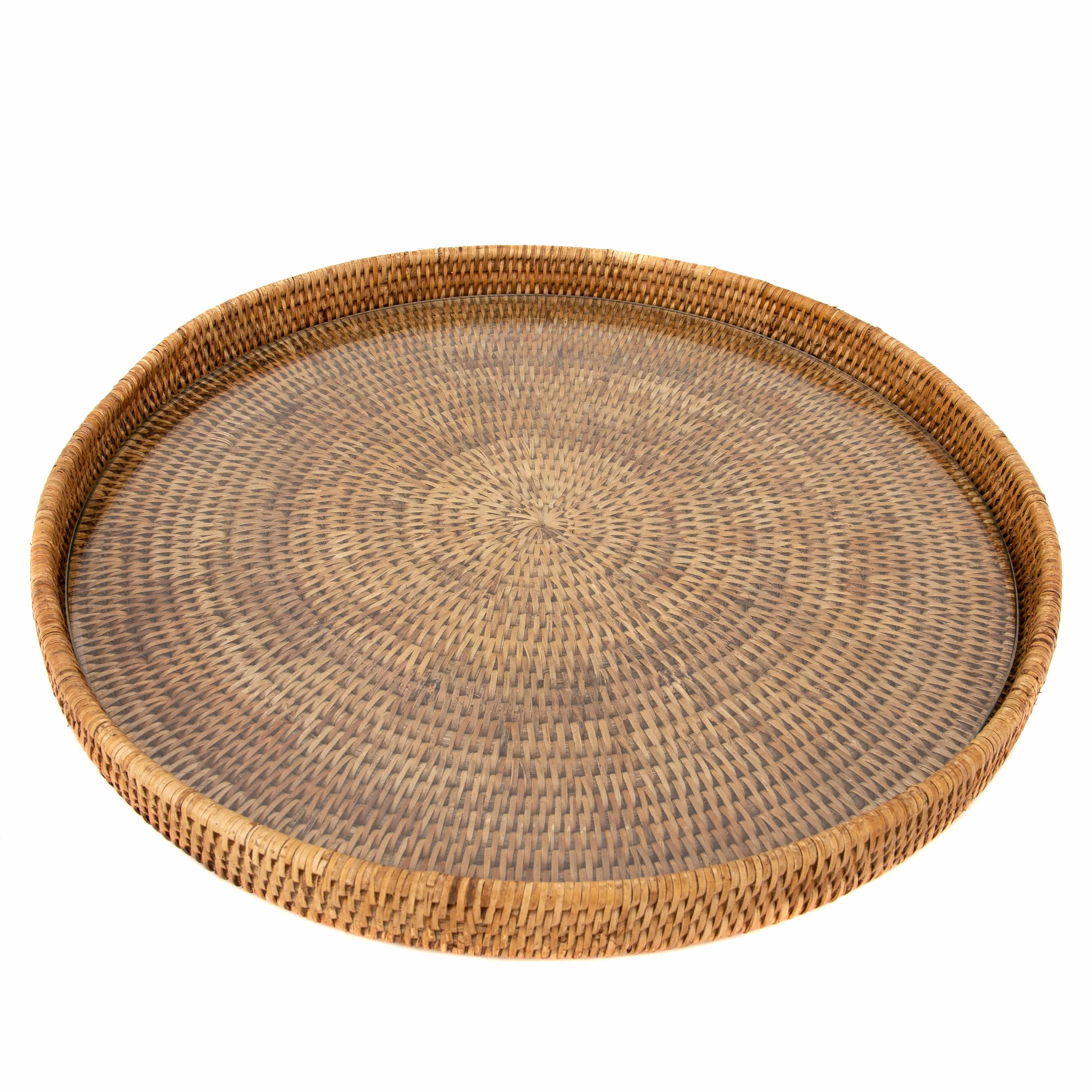 Artifacts Trading Company - Artifacts Rattan Round Serving-Ottoman Tray & Glass Insert: White Wash / 19"x2" - MaisonBeach