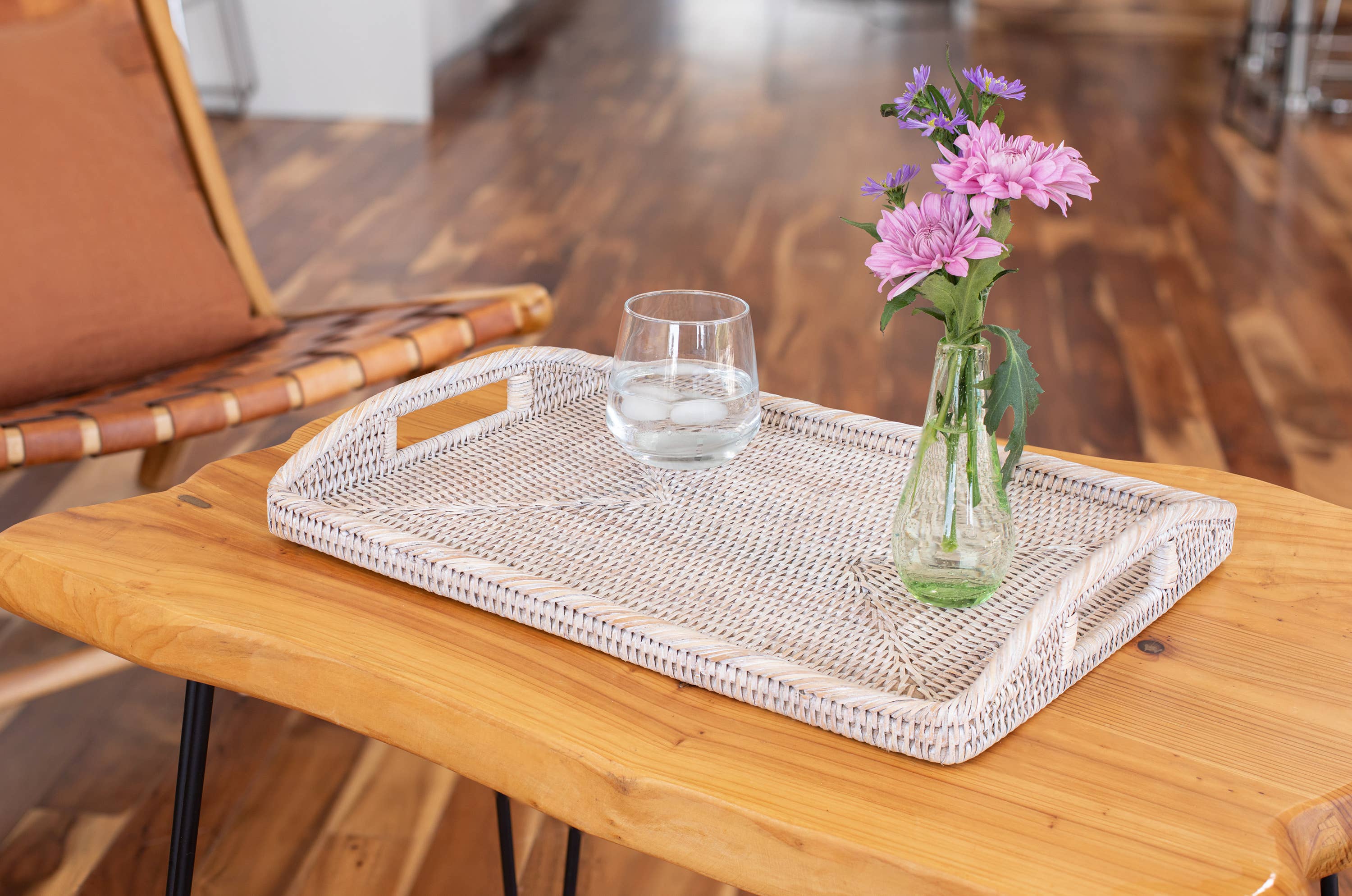 Artifacts Trading Company - Artifacts Rattan™ Rectangular Serving Tray With High Handles: White Wash / 14"x10" - MaisonBeach
