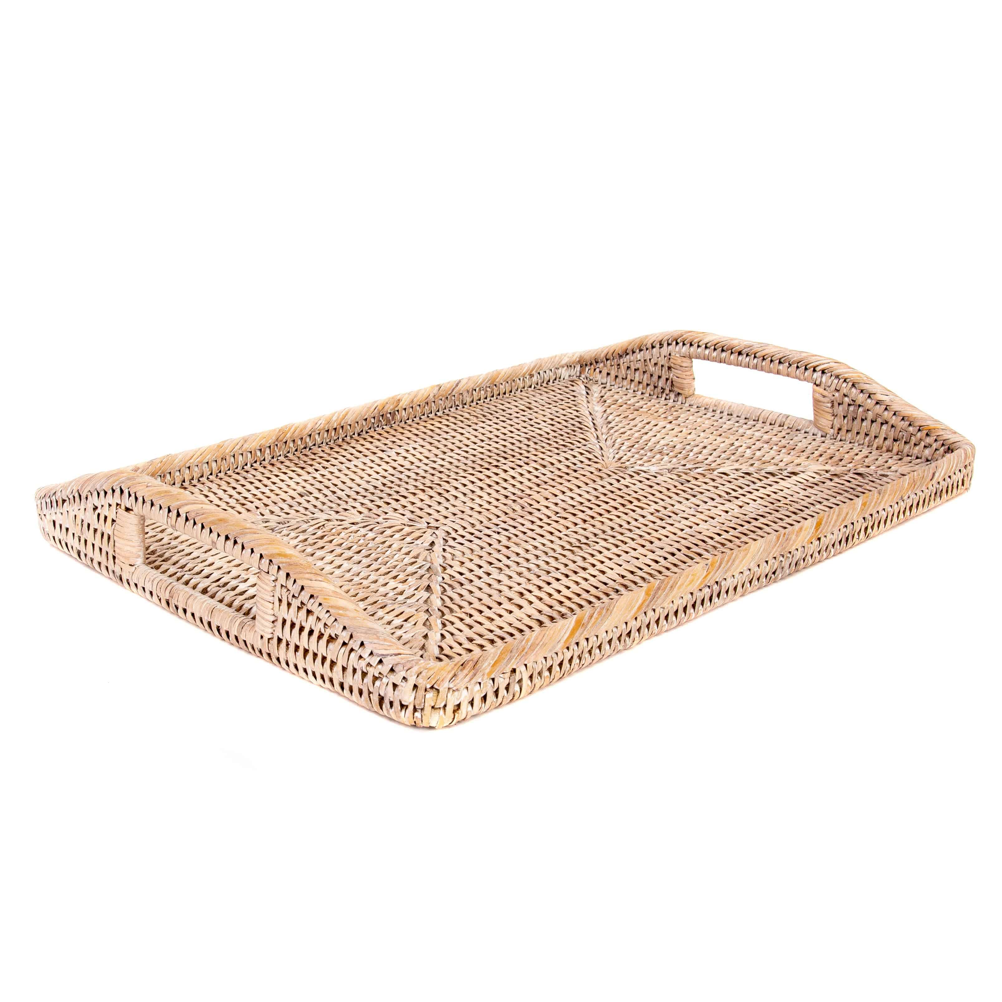 Artifacts Trading Company - Artifacts Rattan™ Rectangular Serving Tray With High Handles: White Wash / 14"x10" - MaisonBeach