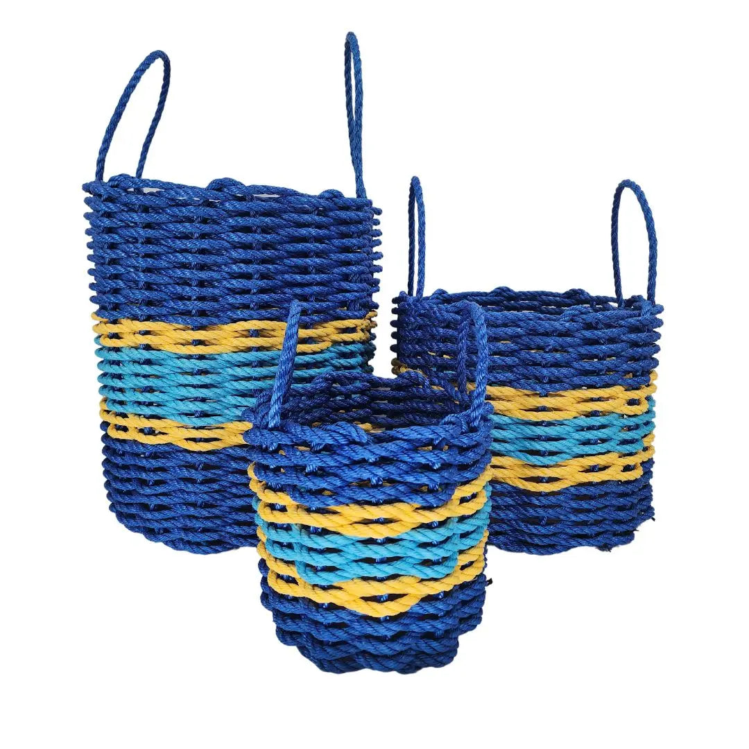 Authentic Maine Lobster Rope Storage Basket Two Tone Blue with yellow Accents - MaisonBeach