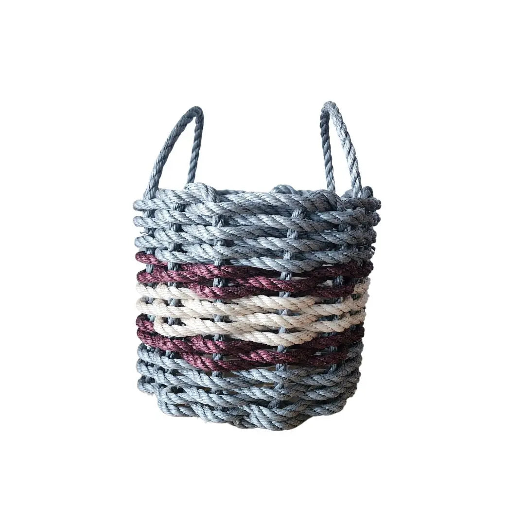 Lobster Rope Basket Light Gray and Light Tan, Burgundy Accents - MaisonBeach