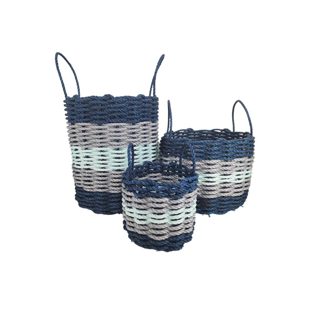 Five Stripe Rope Storage Basket Navy Blue, Light Gray, Seafoam - MaisonBeach