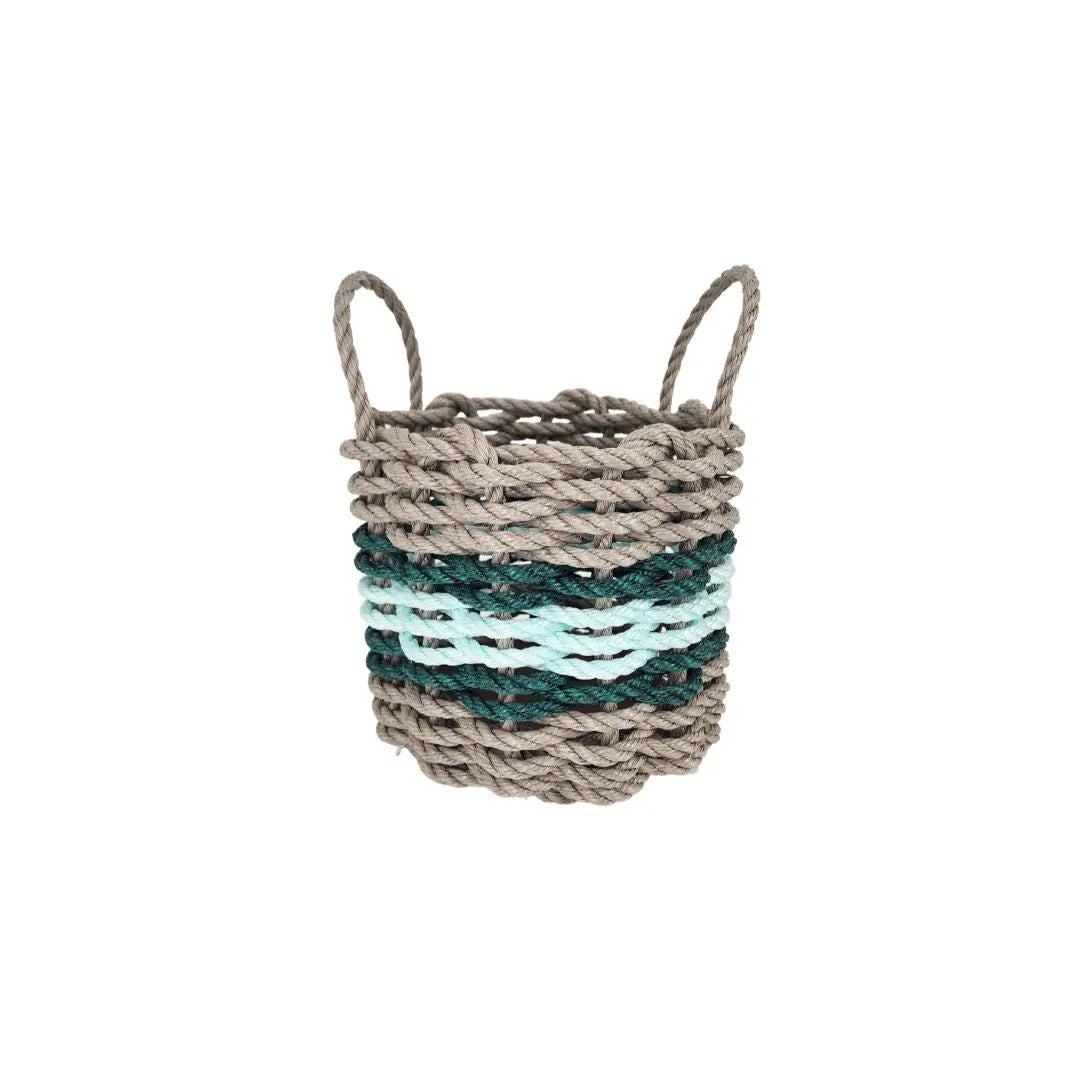 Lobster Rope Basket Tan and Seafoam, Hunter Green Accents - MaisonBeach