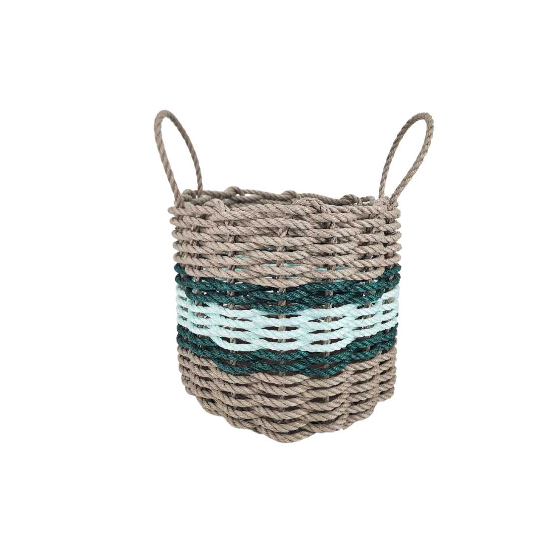 Lobster Rope Basket Tan and Seafoam, Hunter Green Accents - MaisonBeach