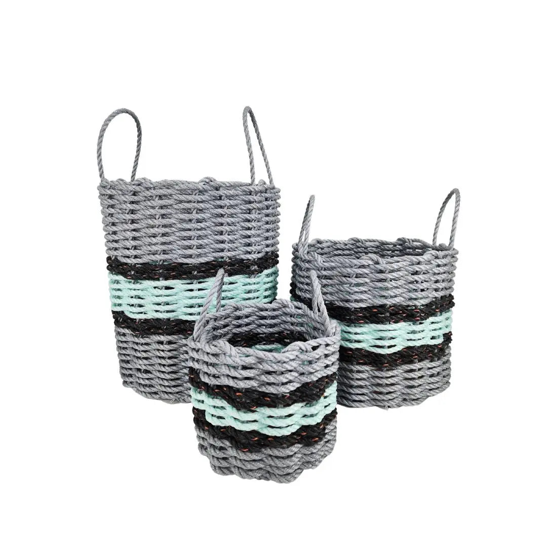 Lobster Rope Basket Light Gray and Seafoam, Black Accents - MaisonBeach
