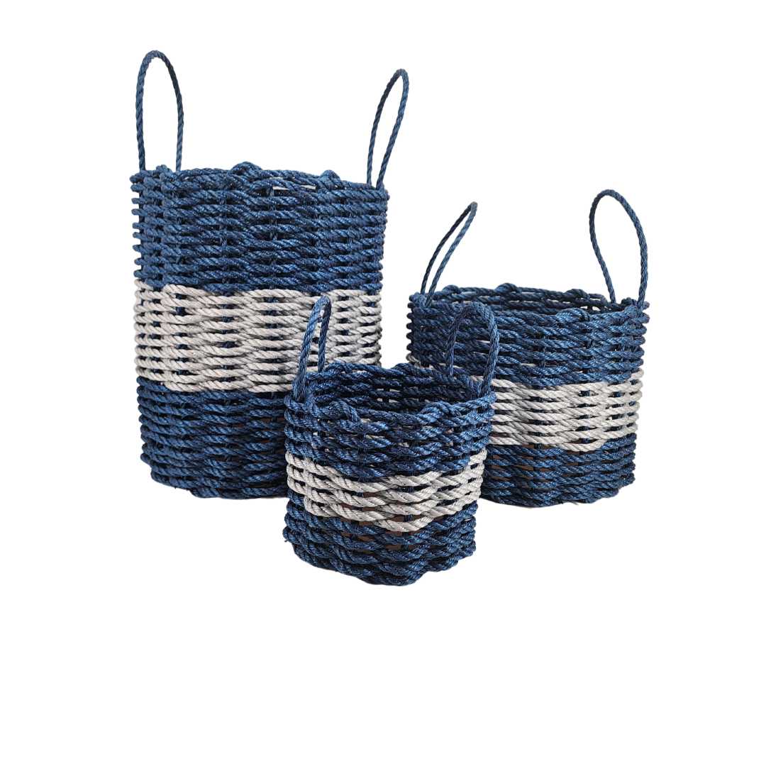 Authentic Maine Lobster Rope Storage Basket Navy Blue and Light Gray - MaisonBeach