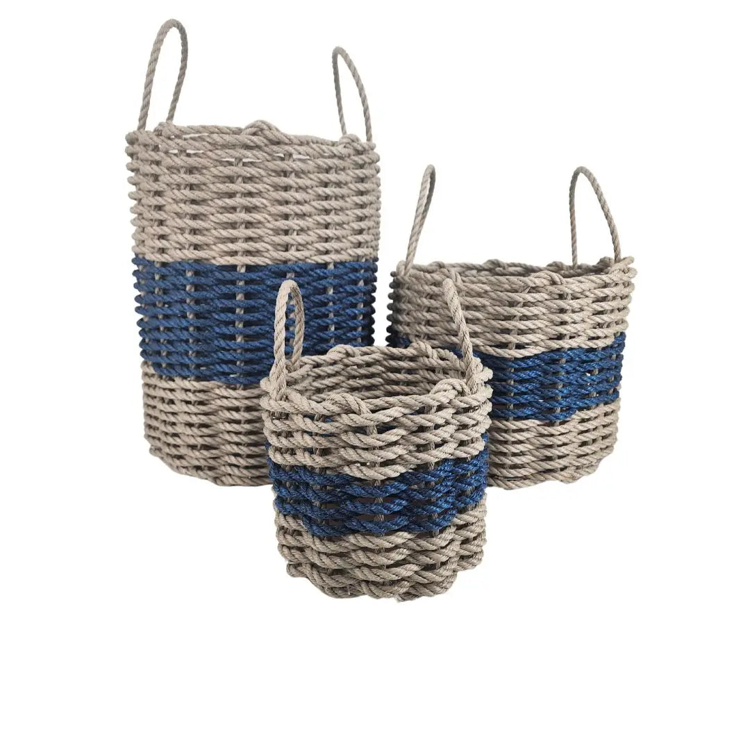 Authentic Maine Lobster Rope Storage Basket Tan and Navy Blue - MaisonBeach