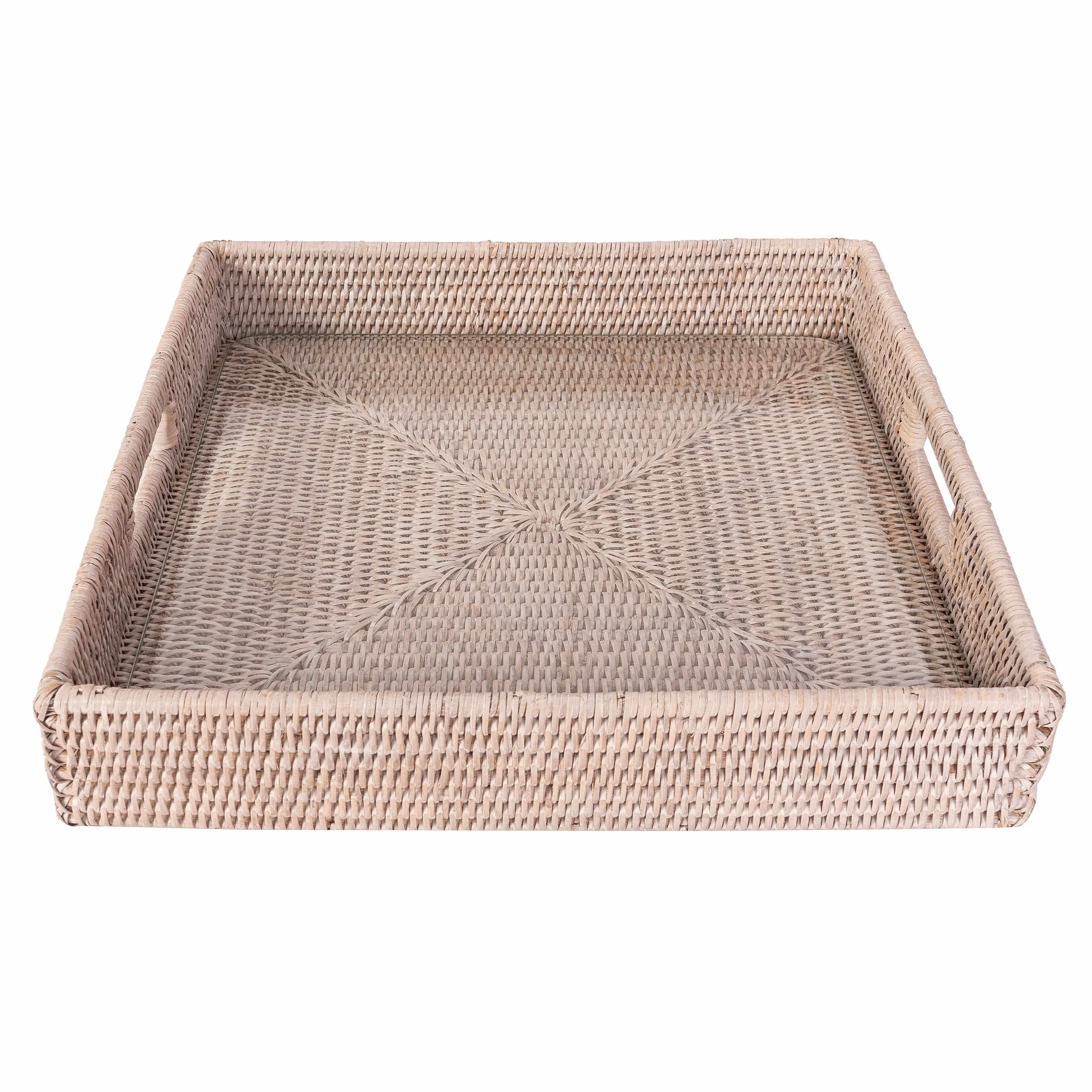 16" Rattan Square Serving Ottoman Tray with Glass Insert: White Wash