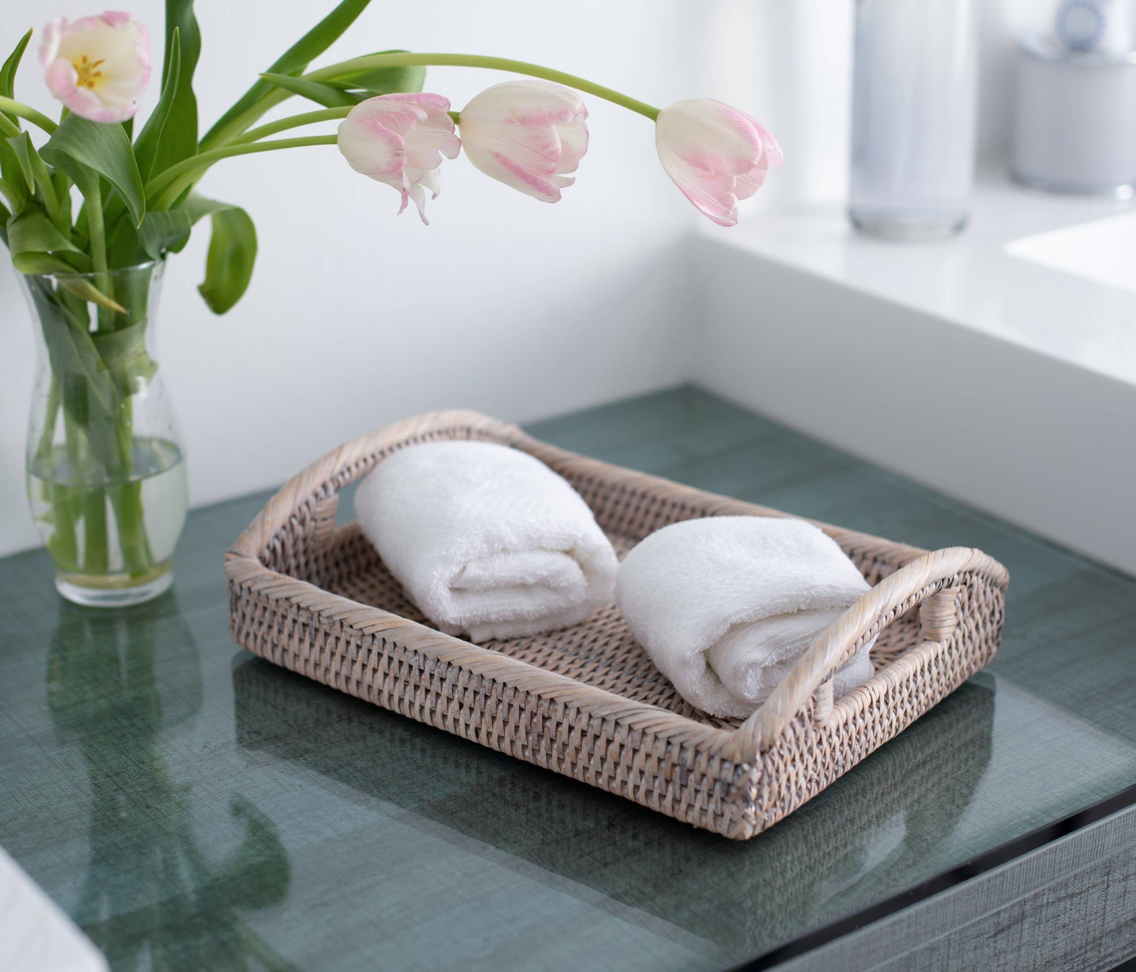 Artifacts Trading Company - Artifacts Rattan™ Rectangular Vanity Tray With High Handles: White Wash - MaisonBeach
