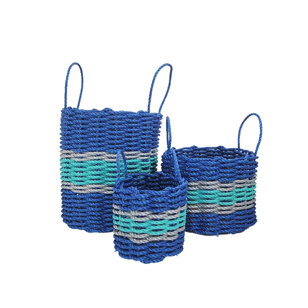Authentic Maine Lobster Rope Storage Basket Blue and Teal with light Gray Accents - MaisonBeach