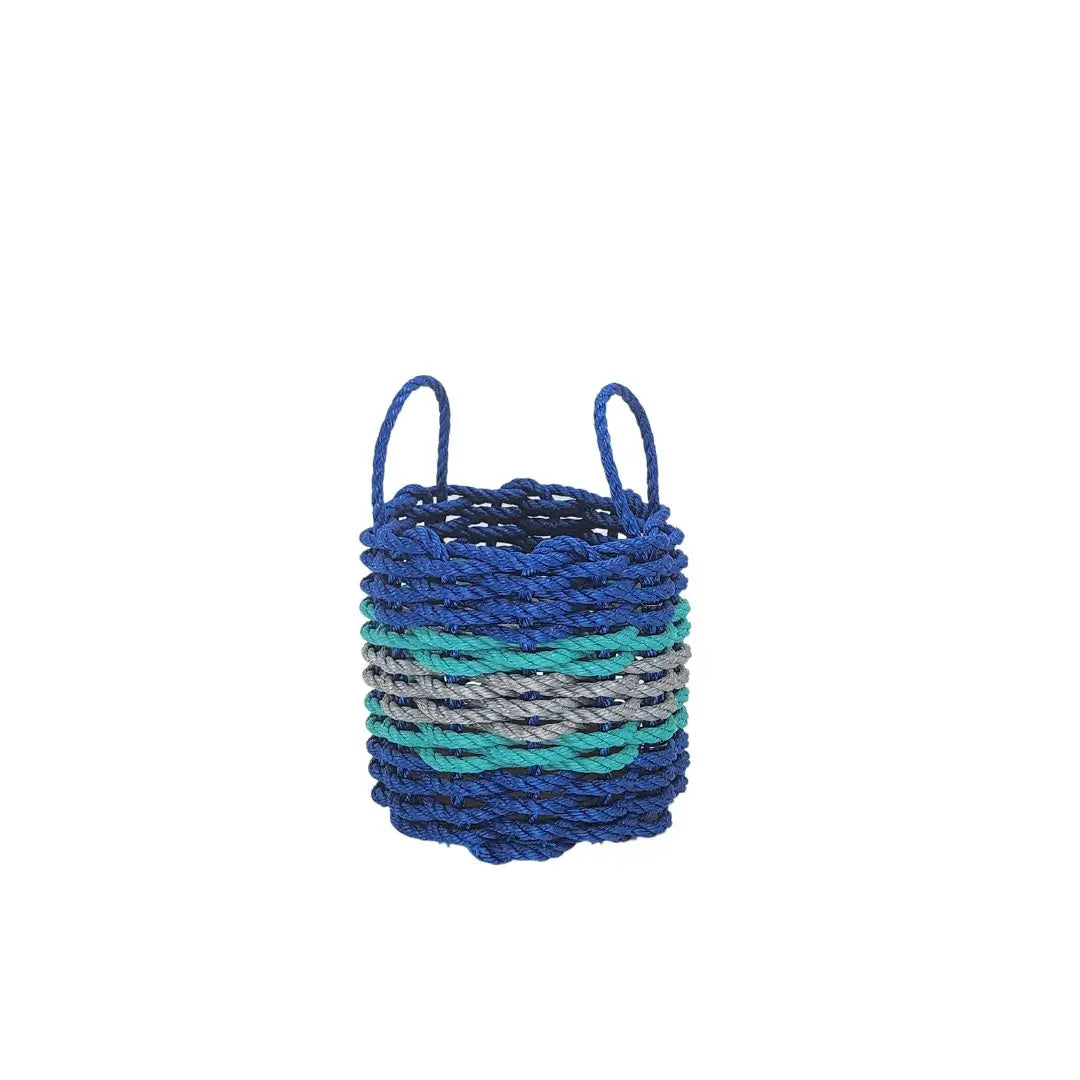 Authentic Maine Lobster Rope Storage Basket Blue and Light Gray with Teal Accents - MaisonBeach