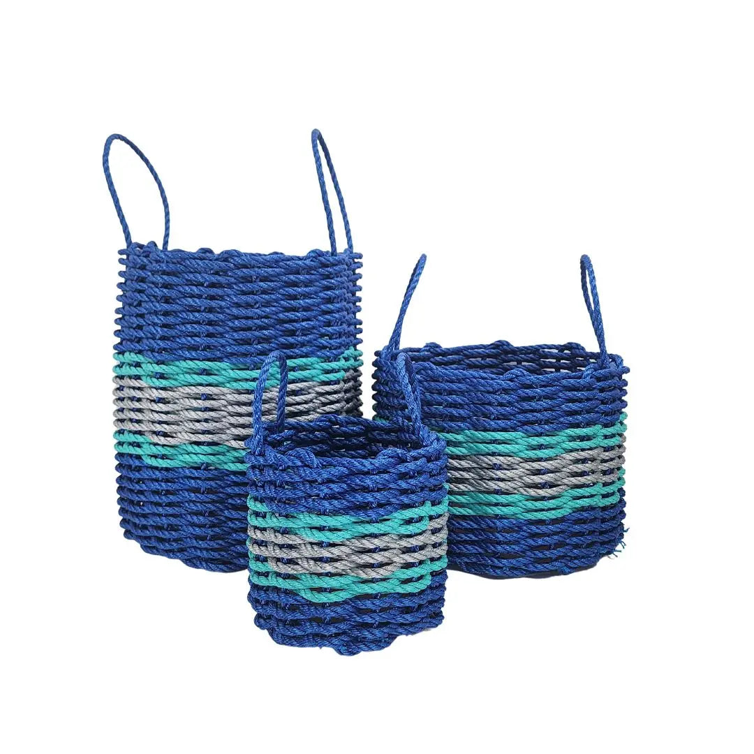 Authentic Maine Lobster Rope Storage Basket Blue and Light Gray with Teal Accents - MaisonBeach