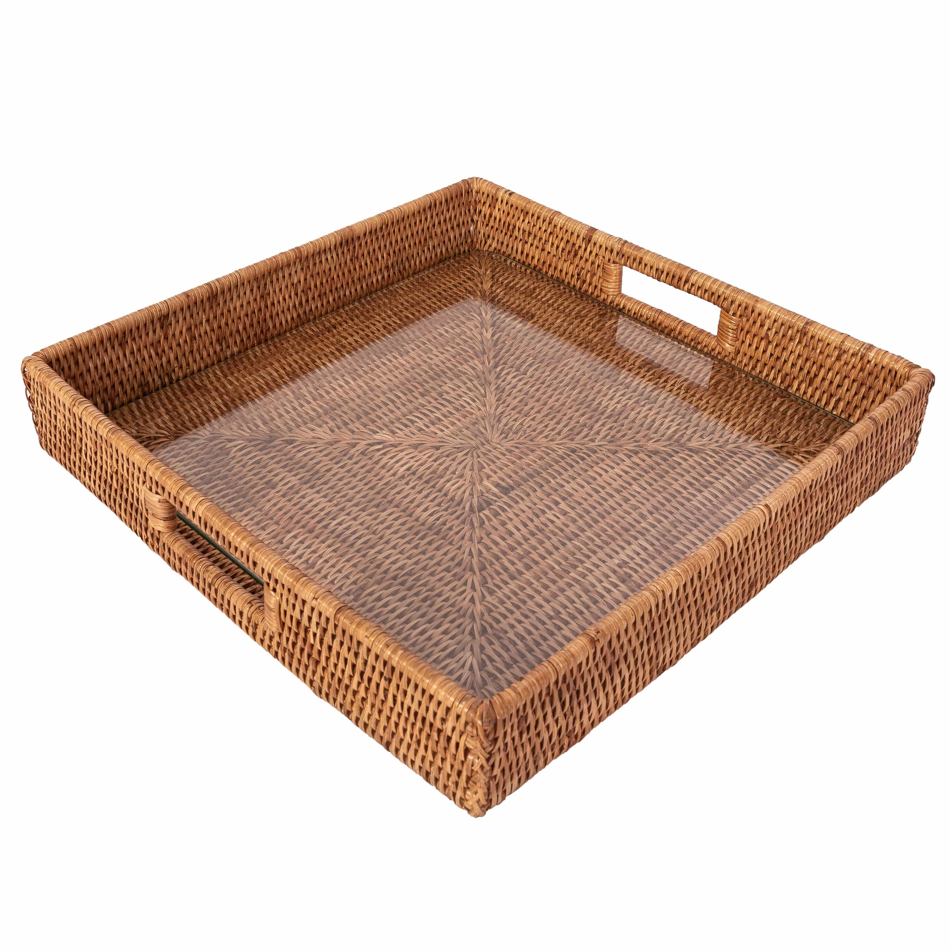 16" Rattan Square Serving Ottoman Tray with Glass Insert: White Wash