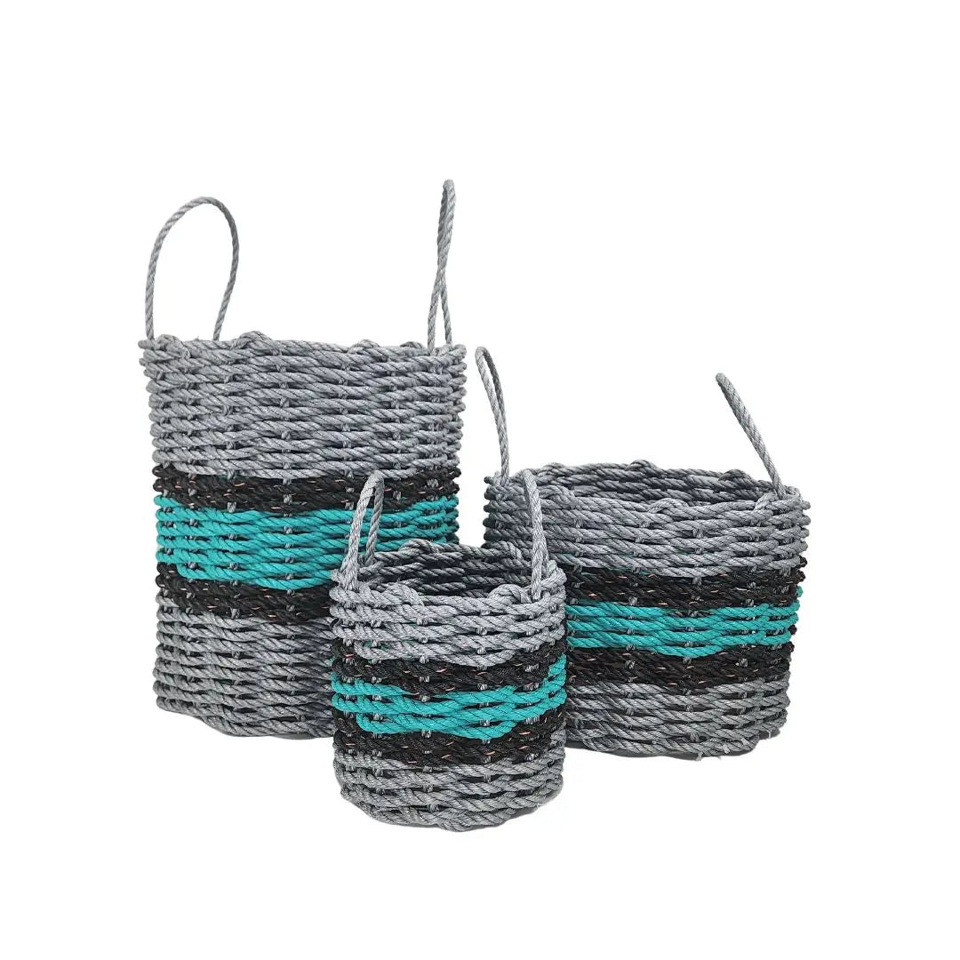 Lobster Rope Basket Light Gray and Teal, Black Accents - MaisonBeach